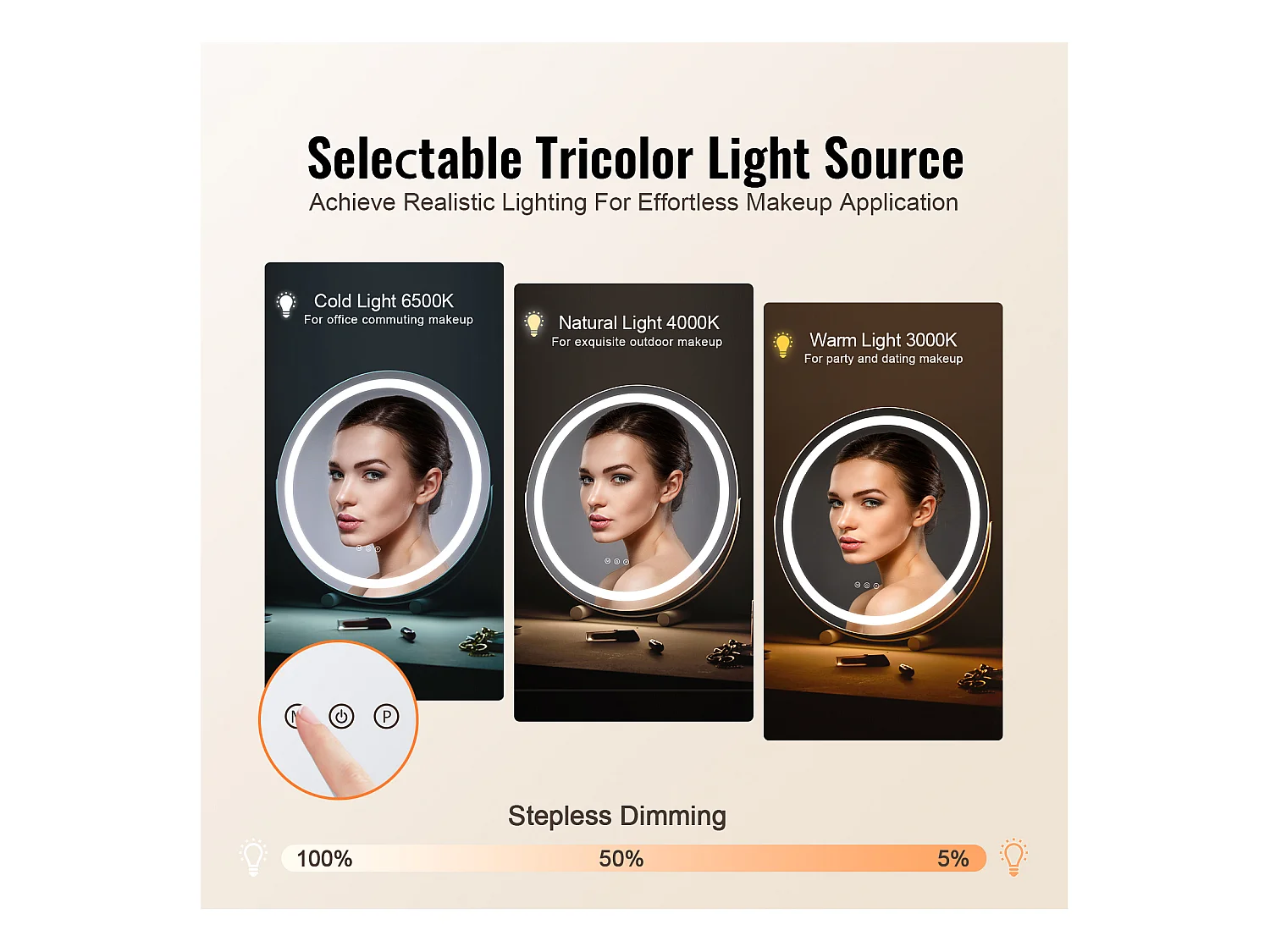 Espelho de Maquilhagem, SucceBuy Espelho de Maquilhagem LED de 51.3 cm - Redondo, 3 Cores, 5X, Branco