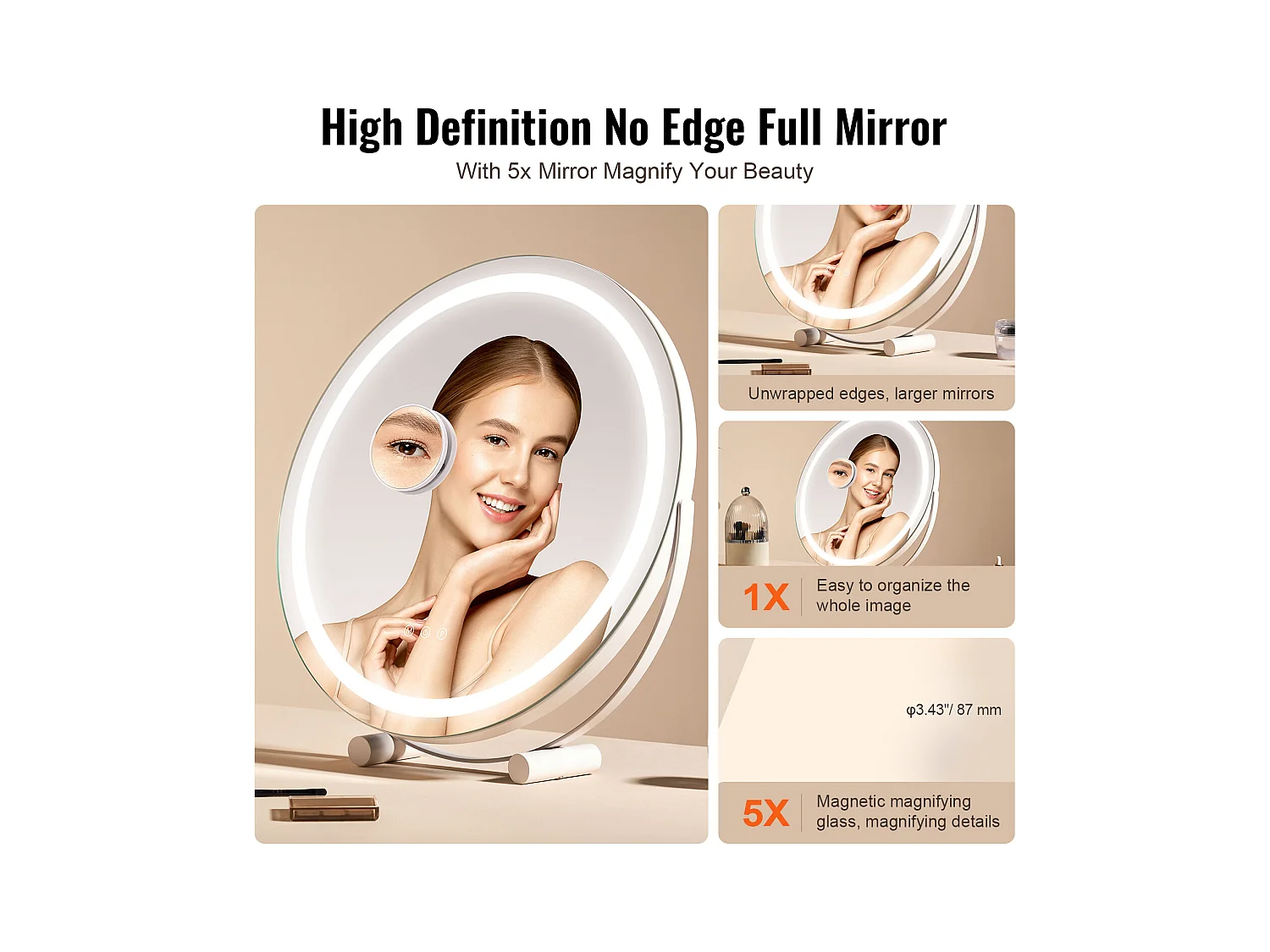 Espelho de Maquilhagem, SucceBuy Espelho de Maquilhagem LED de 51.3 cm - Redondo, 3 Cores, 5X, Branco