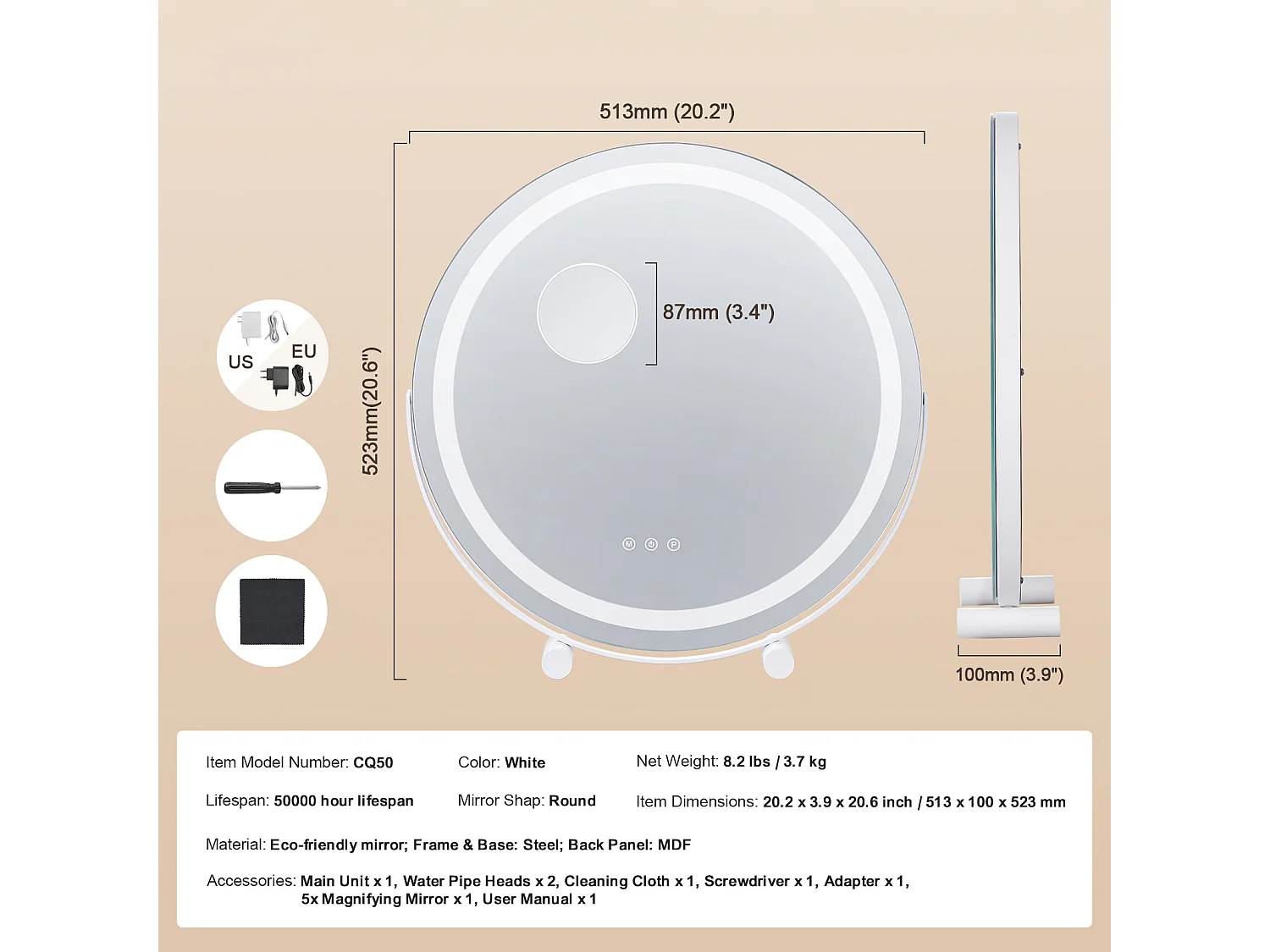 Specchio per il Trucco, SucceBuy Specchio per il Trucco a LED da 51.3 cm - Rotondo, 3 Colori, 5X, Bianco