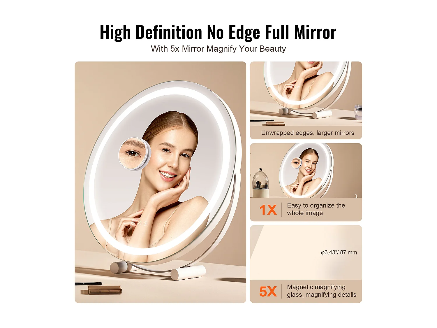 Specchio per il Trucco, SucceBuy Specchio per il Trucco a LED da 51.3 cm - Rotondo, 3 Colori, 5X, Bianco