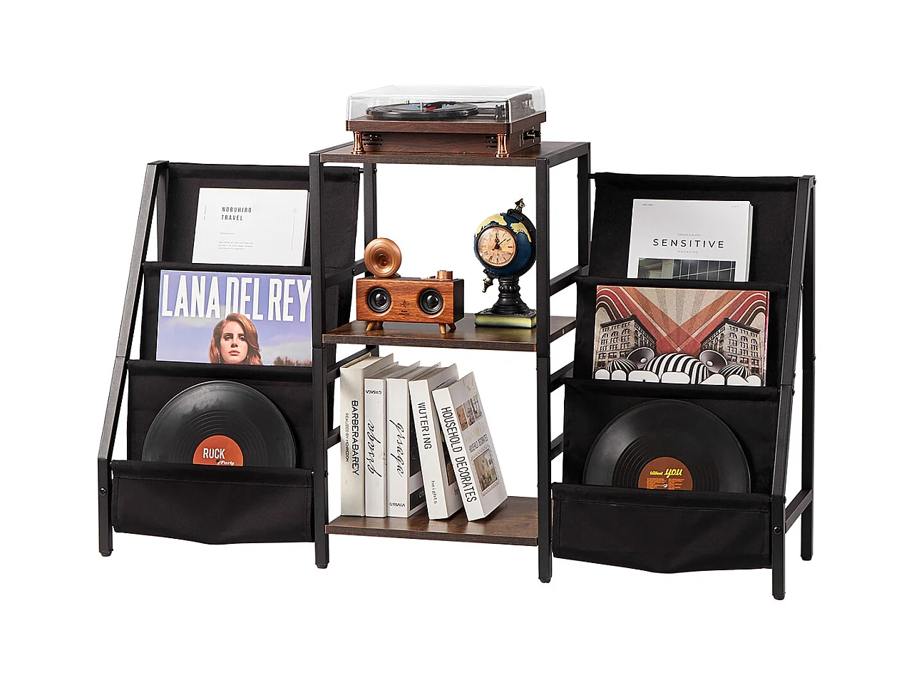 DVD-Möbel SucceBuy Ständer für Plattenspieler mit 3 Ebenen aus Metall Bis zu 280 Alben Schwarz