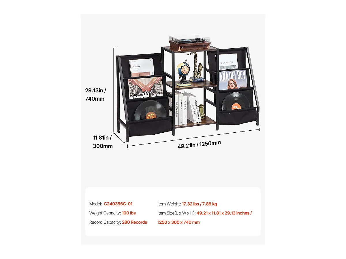 DVD-Möbel SucceBuy Ständer für Plattenspieler mit 3 Ebenen aus Metall Bis zu 280 Alben Schwarz