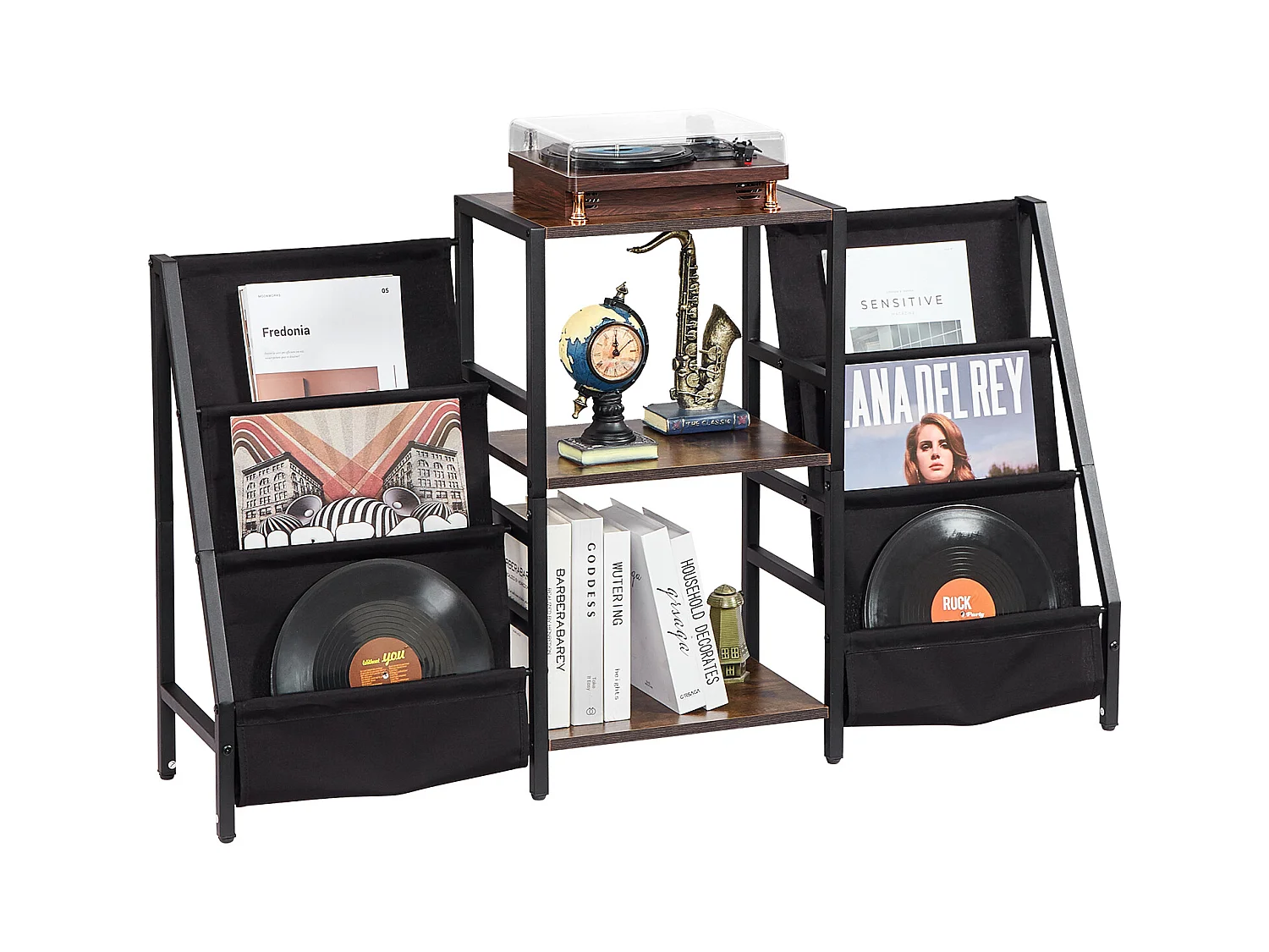 DVD-Möbel SucceBuy Ständer für Plattenspieler mit 3 Ebenen aus Metall Bis zu 280 Alben Schwarz
