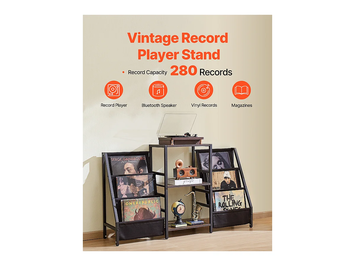 Móvel DVD SucceBuy Suporte de Toca-Discos de 3 Níveis em Metal Até 280 Álbuns Preto