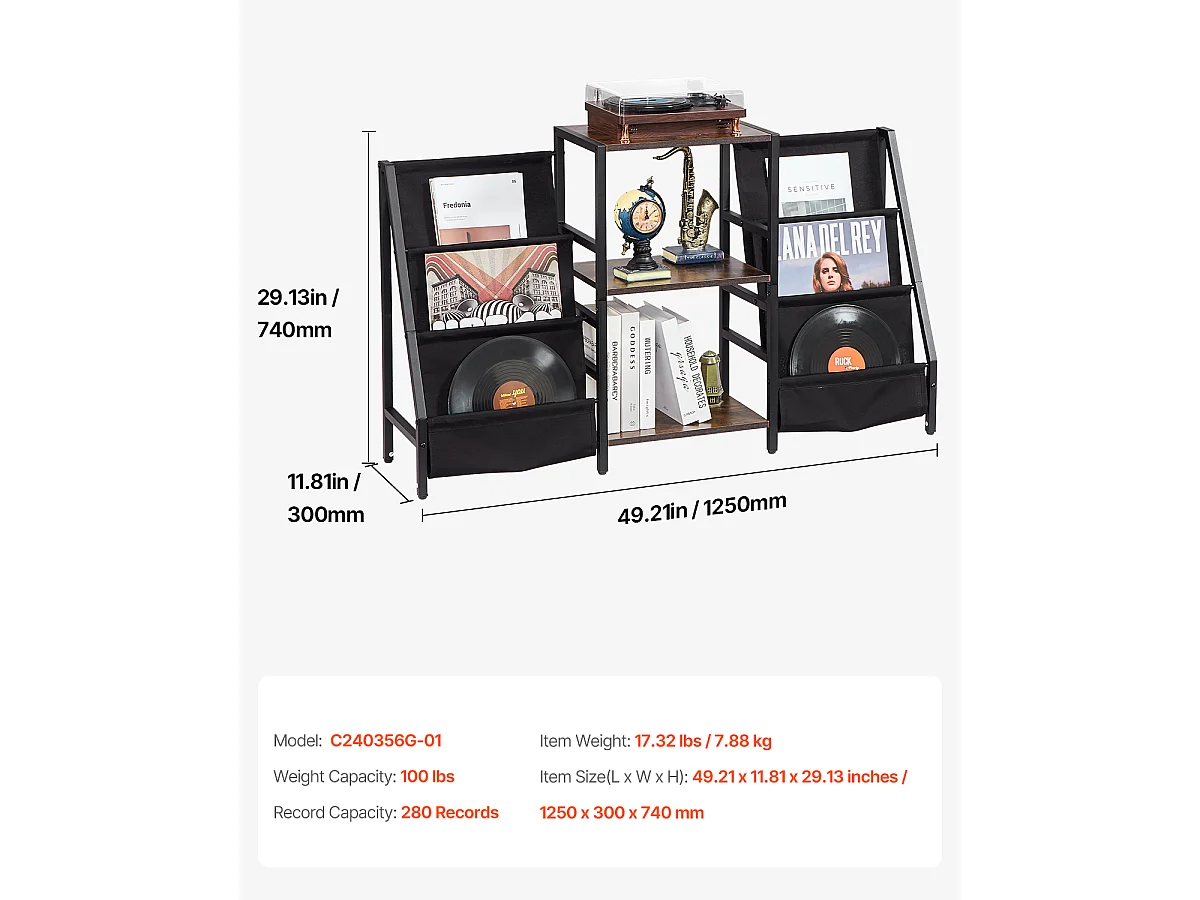 Meuble DVD SucceBuy Support de Tourne-Disque à 3 Niveaux en Métal Jusqu'à 280 Albums Noir