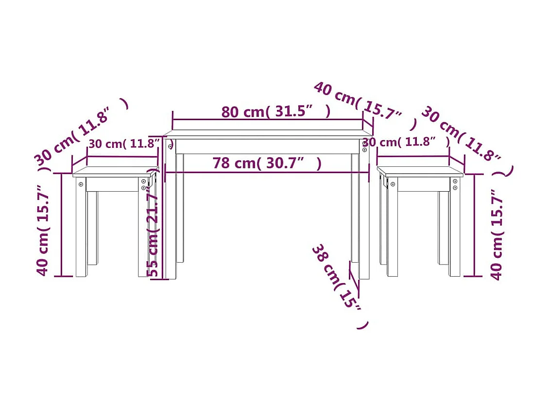 Lot de 3 tables bois blanche 80 x 40 x 55 cm DEC032698