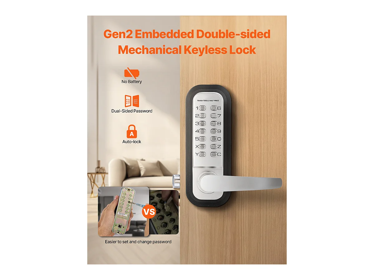 Serrure de Porte Mécanique SucceBuy sans Clé , Serrure à Clavier à 14 Touches, Argent