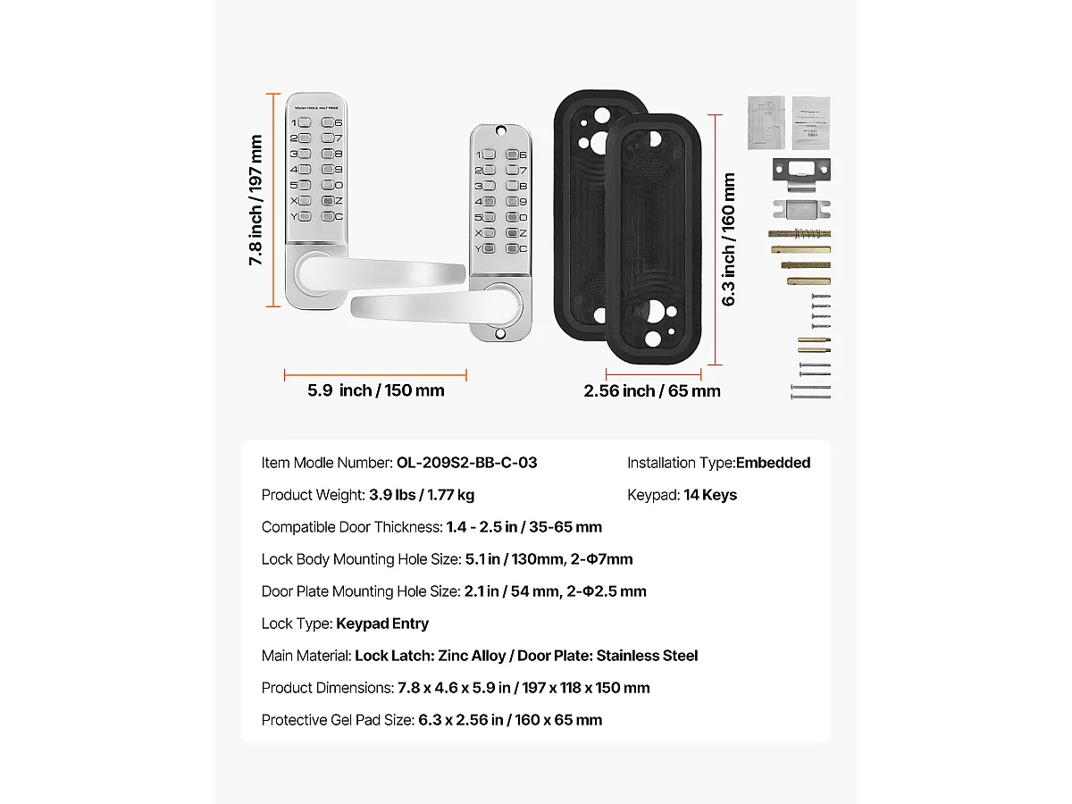 Serrure de Porte Mécanique SucceBuy sans Clé , Serrure à Clavier à 14 Touches, Argent