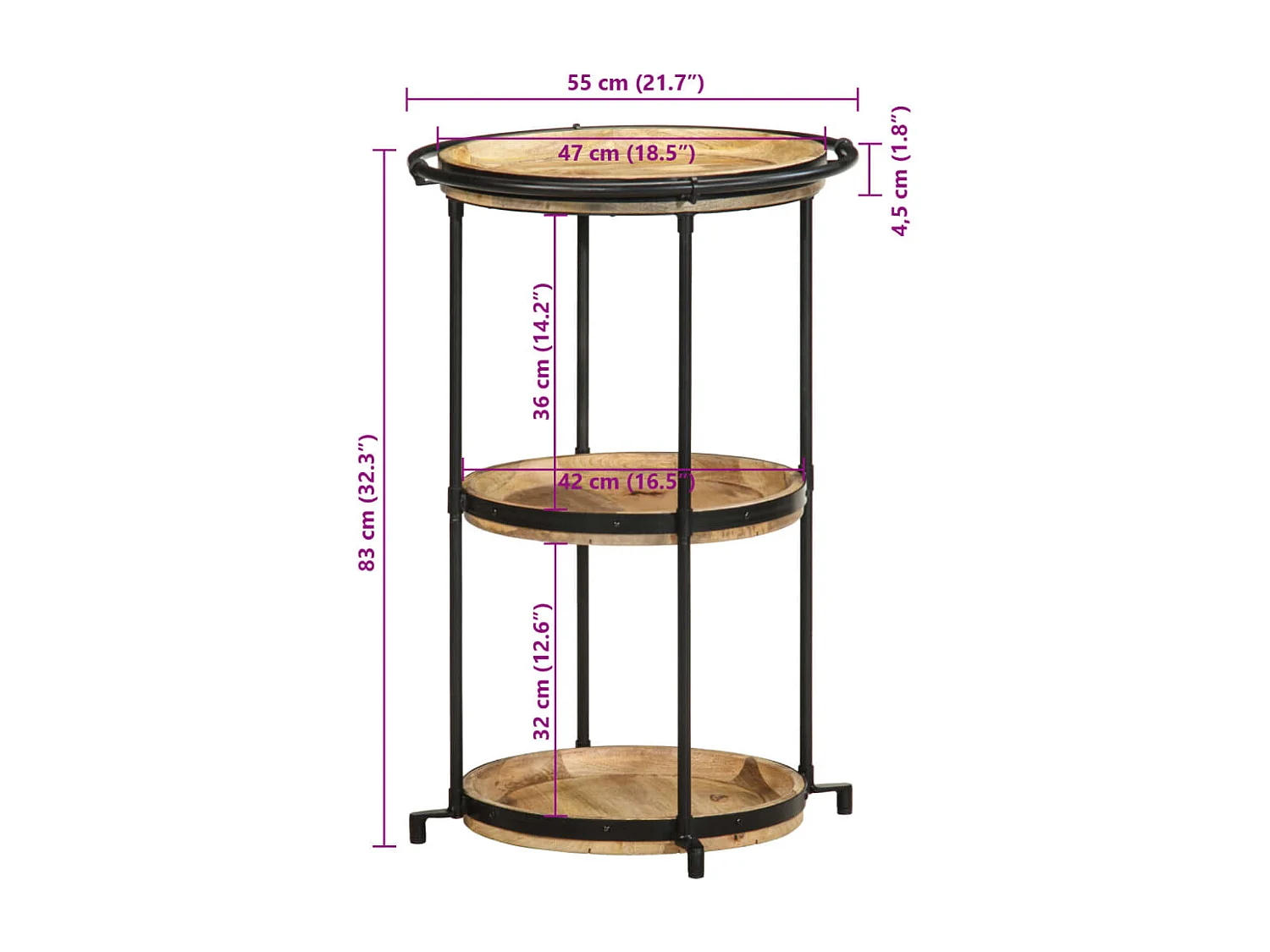 Table d'appoint à 3 bois marron 55 x 55 x 83 cm DEC032556