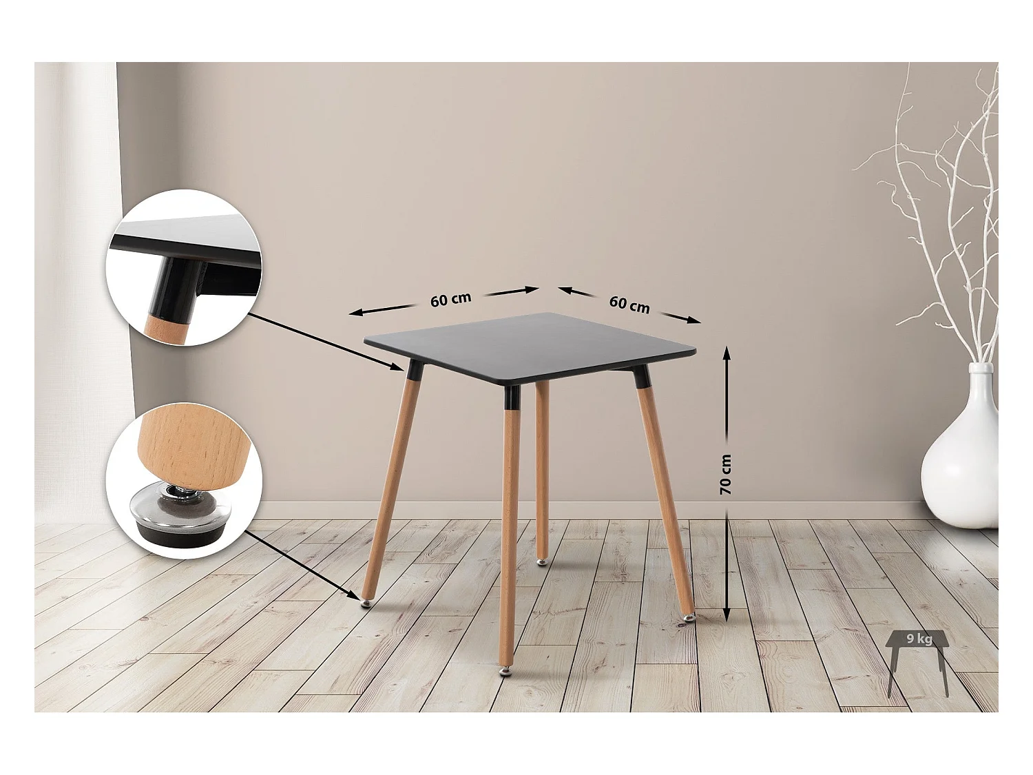 Table de cuisine design effet bois noire 60 x 60 x 70 cm 10_0005531
