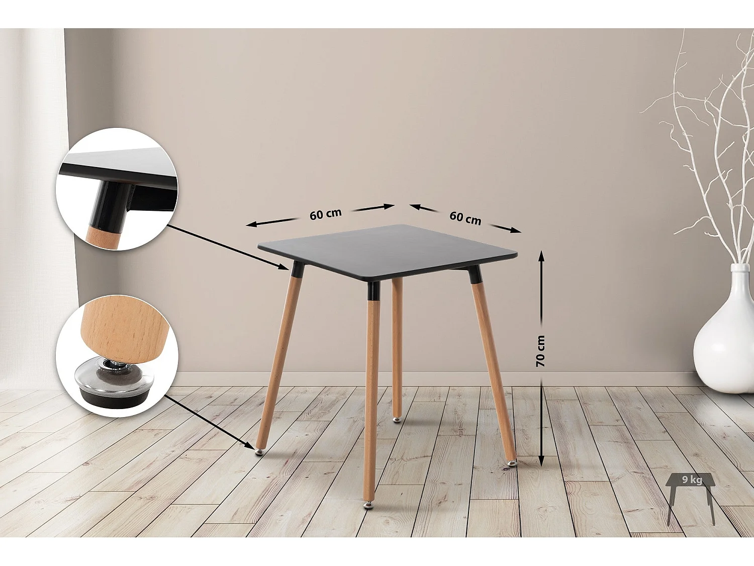 Table de cuisine design effet bois noire 60 x 60 x 70 cm 10_0005531
