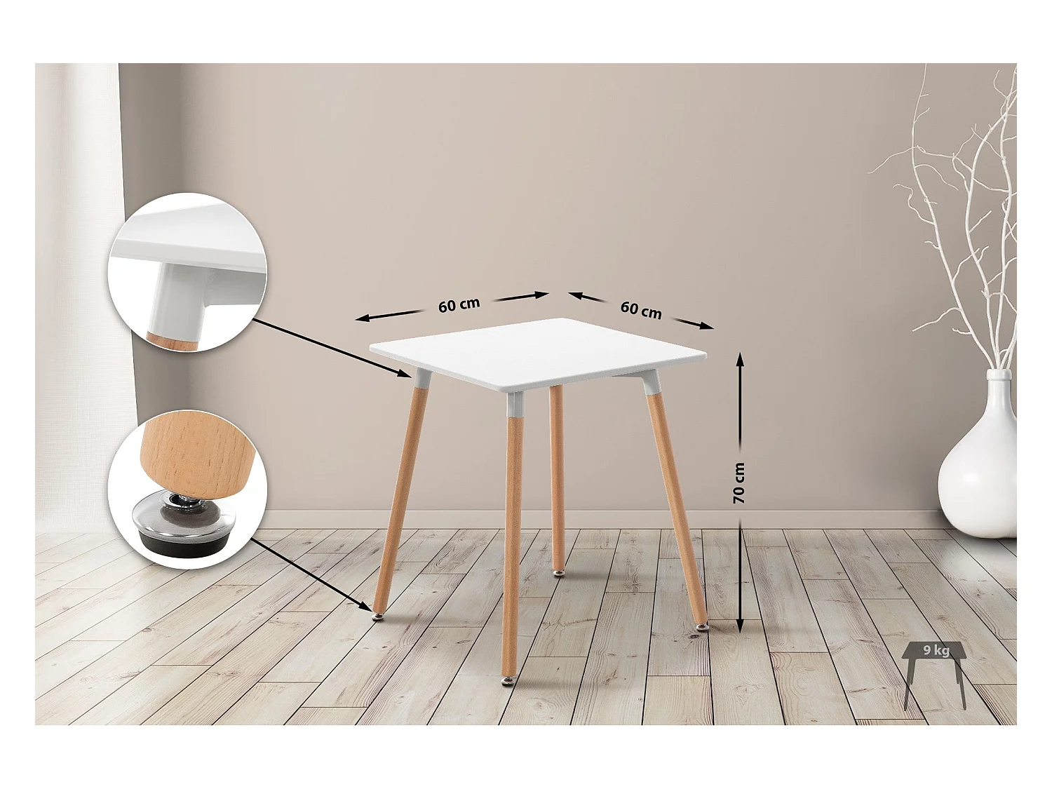 Table de cuisine table effet bois blanche 60 x 60 x 70 cm 10_0005532