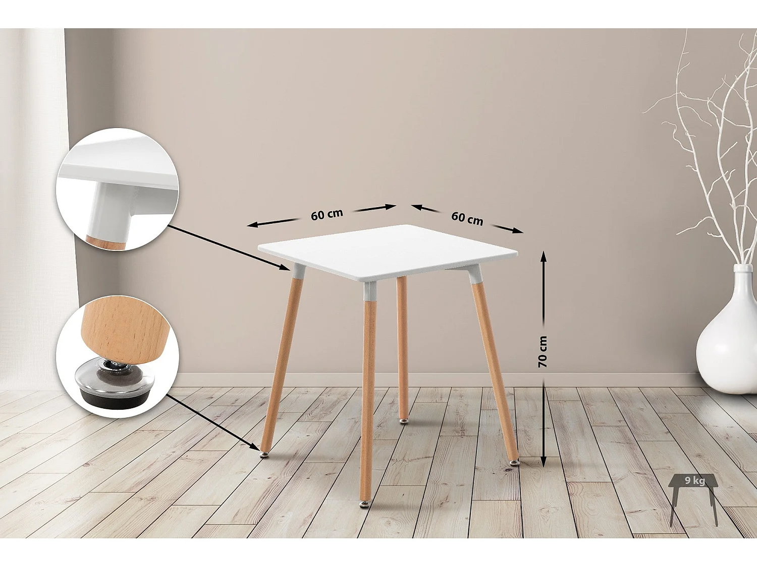 Table de cuisine table effet bois blanche 60 x 60 x 70 cm 10_0005532