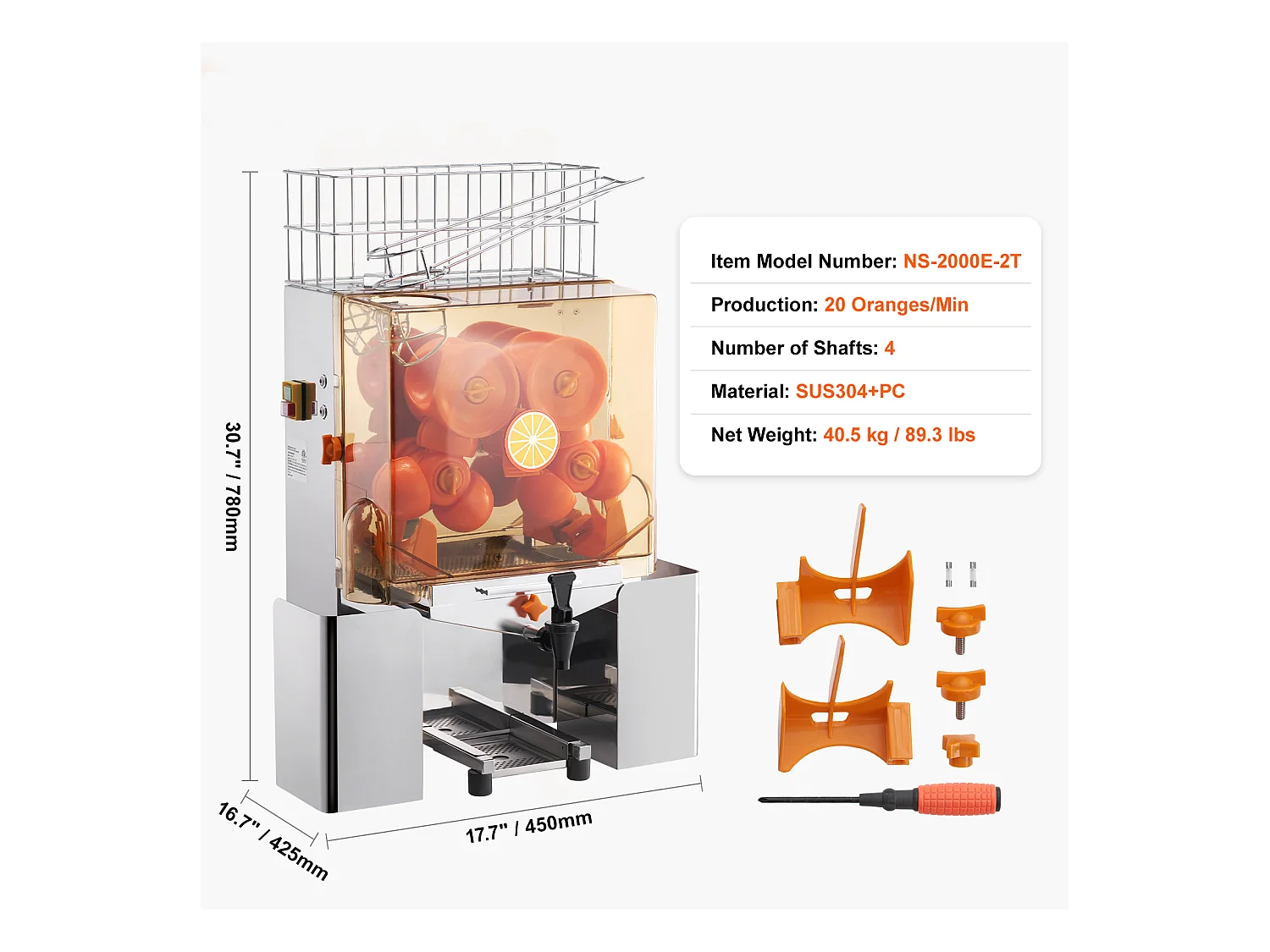 Presse-Agrumes SucceBuy Commercial 120 W avec Extracteur de Jus d'Orange et Robinet d'Eau, Presse 20 Oranges/Minute, Couvercle en PC