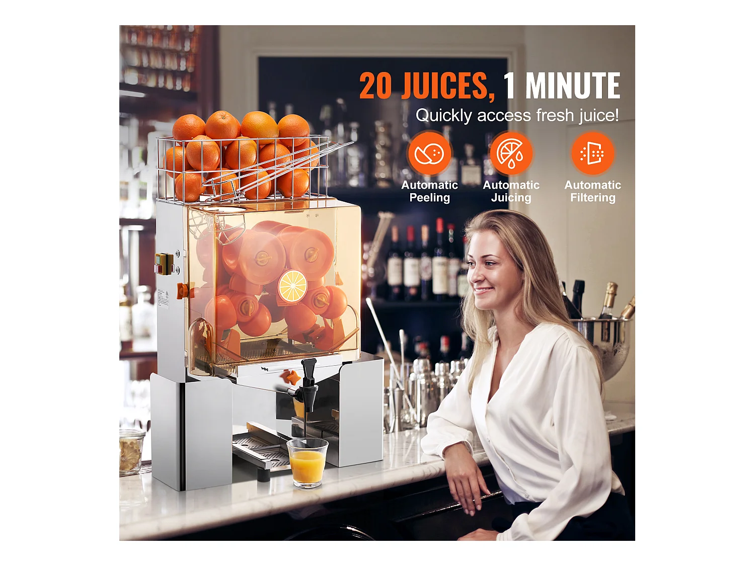 Presse-Agrumes SucceBuy Commercial 120 W avec Extracteur de Jus d'Orange et Robinet d'Eau, Presse 20 Oranges/Minute, Couvercle en PC