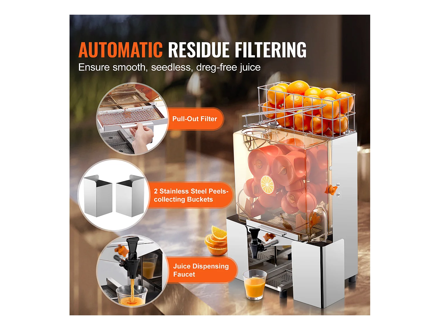 Presse-Agrumes SucceBuy Commercial 120 W avec Extracteur de Jus d'Orange et Robinet d'Eau, Presse 20 Oranges/Minute, Couvercle en PC