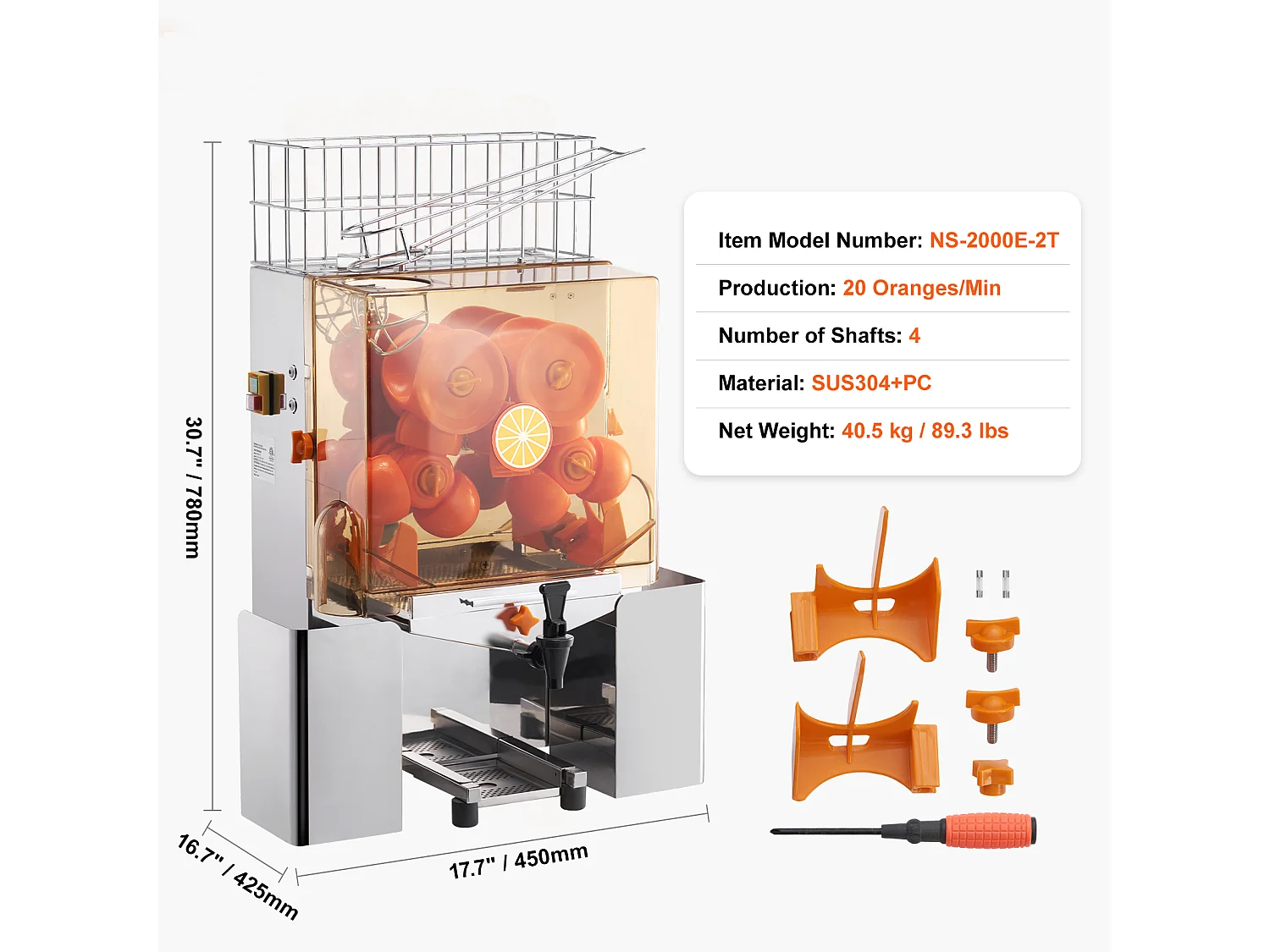 Presse-Agrumes SucceBuy Commercial 120 W avec Extracteur de Jus d'Orange et Robinet d'Eau, Presse 20 Oranges/Minute, Couvercle en PC