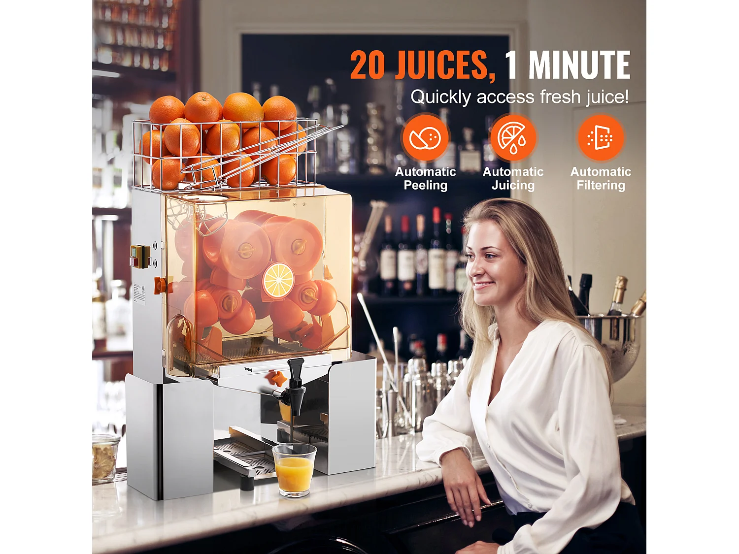Presse-Agrumes SucceBuy Commercial 120 W avec Extracteur de Jus d'Orange et Robinet d'Eau, Presse 20 Oranges/Minute, Couvercle en PC