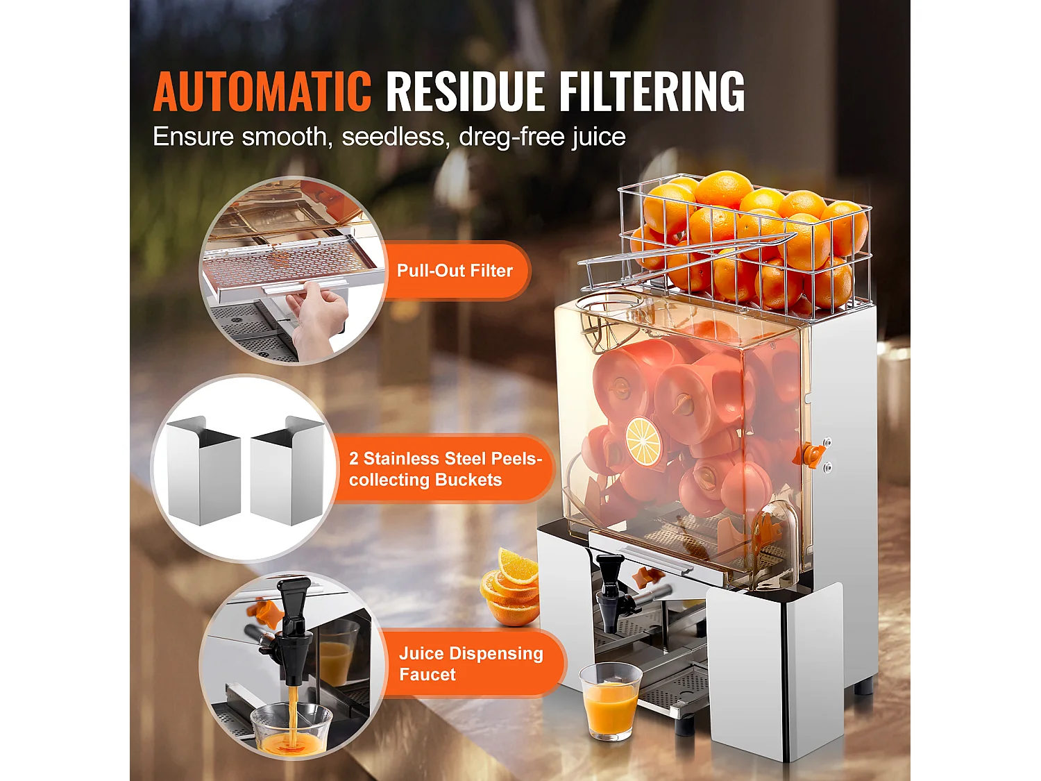 Presse-Agrumes SucceBuy Commercial 120 W avec Extracteur de Jus d'Orange et Robinet d'Eau, Presse 20 Oranges/Minute, Couvercle en PC