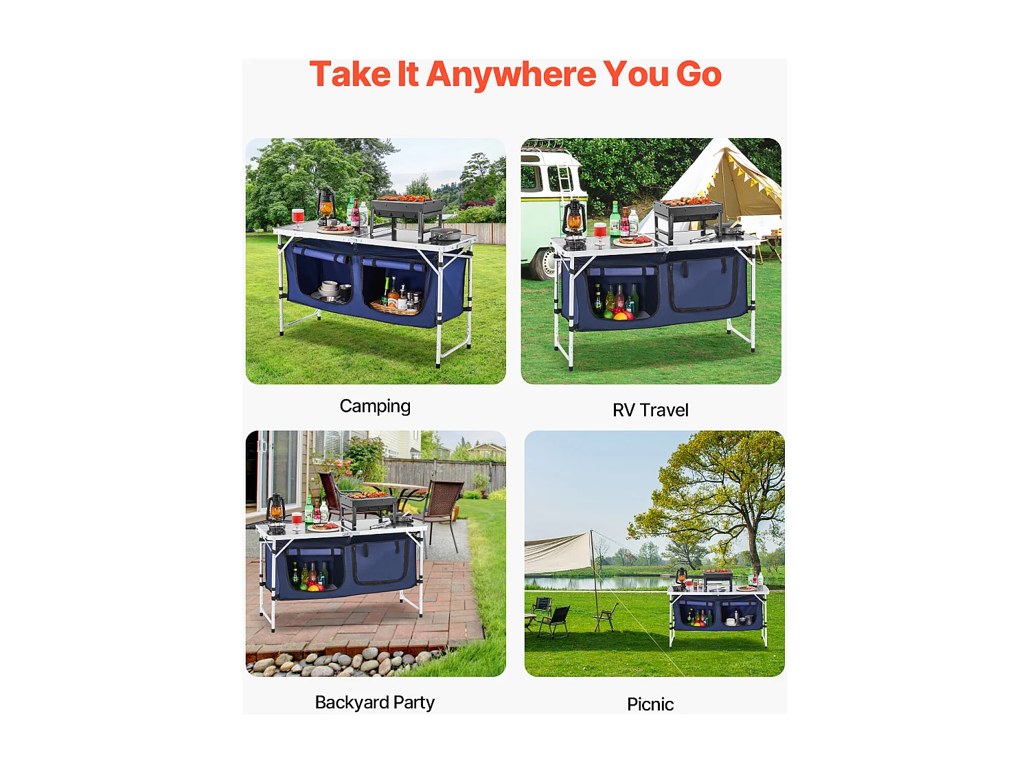 Cuisine de Camping, SucceBuy Table de Cuisine de Camping - Station de Cuisson Portable Pliante, 3 Hauteurs Réglables