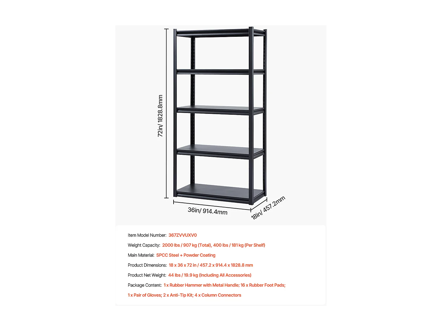 Étagère Métallique Garage SucceBuy Étagère de Rangement de Garage à 5 Niveaux, 46 cm P x 91 cm L x 183 cm H