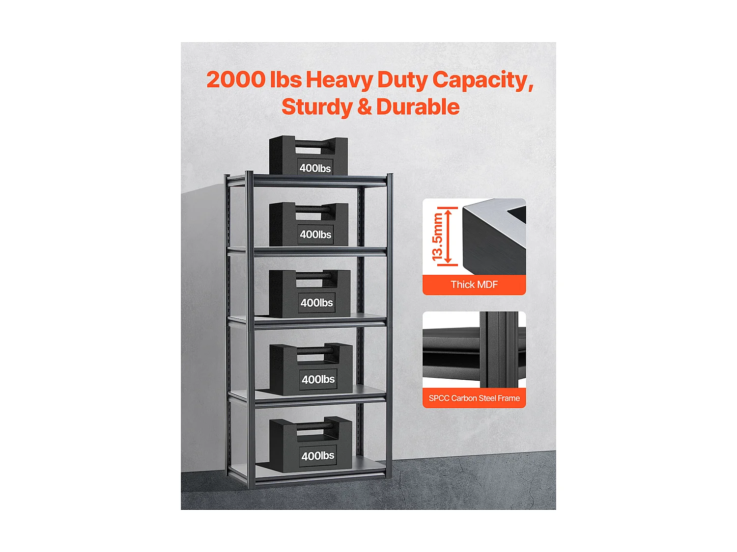 Étagère Métallique Garage SucceBuy Étagère de Rangement de Garage à 5 Niveaux, 46 cm P x 91 cm L x 183 cm H