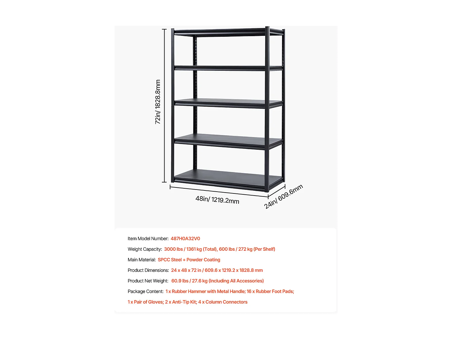 Étagère Métallique Garage SucceBuy Étagère de Rangement pour Garage à 5 Niveaux, 61 cm P x 122 cm L x 183 cm H