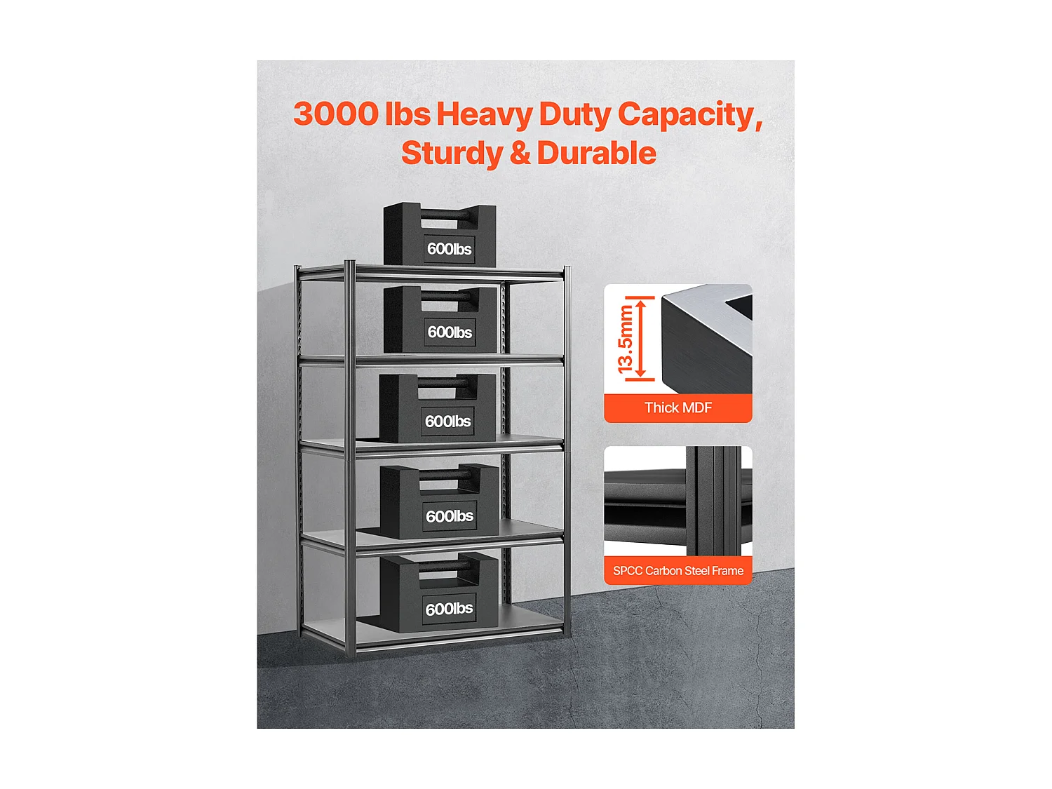 Estanterías Metálicas para Garaje SucceBuy Estante de Almacenamiento para Garaje de 5 Niveles: 61 cm de Profundidad x 122 cm de Ancho x 183 cm de Alto