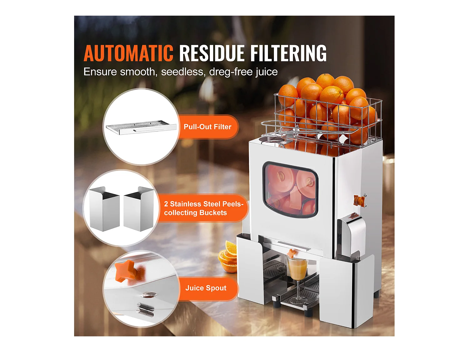 Presse-Agrumes SucceBuy Extracteur de Jus d'Orange Commercial 120 W, Presse-Agrumes en Acier Inoxydable avec Boîte à Filtre Extractible