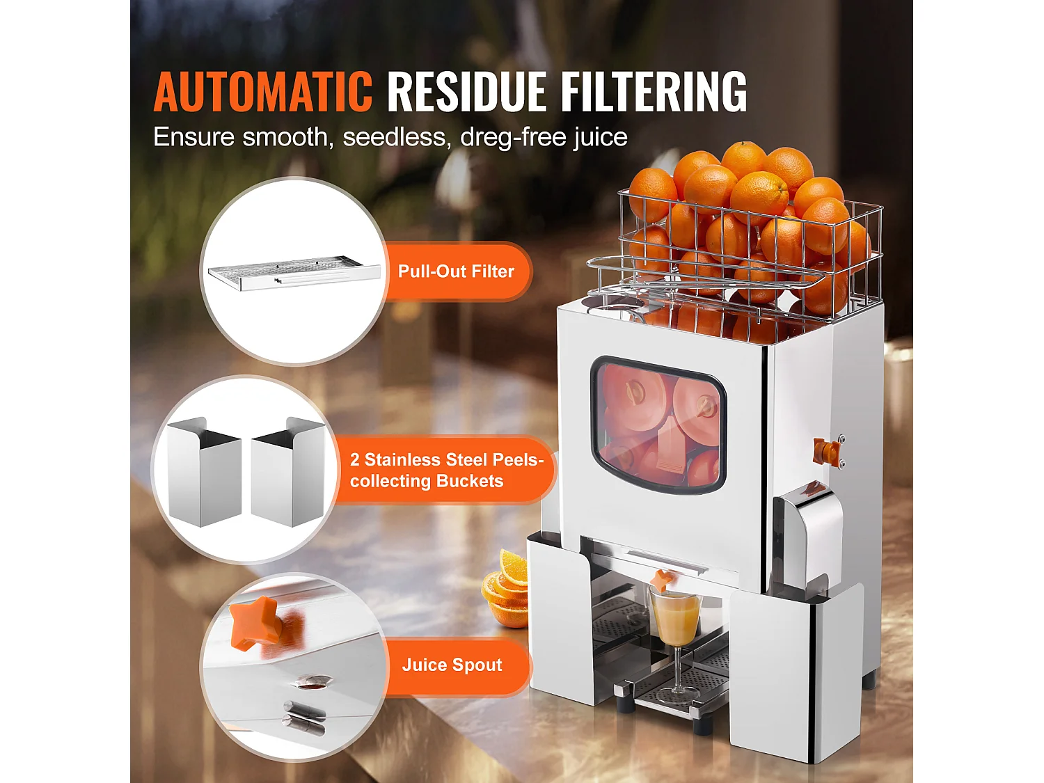 Presse-Agrumes SucceBuy Extracteur de Jus d'Orange Commercial 120 W, Presse-Agrumes en Acier Inoxydable avec Boîte à Filtre Extractible