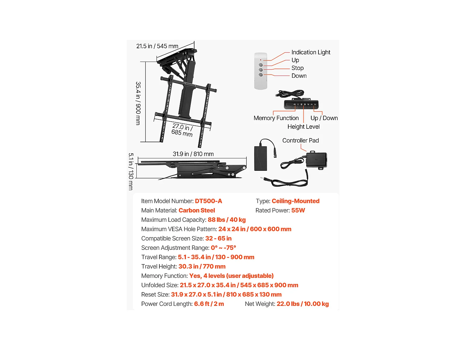 TV-Muurbeugel SucceBuy Gemotoriseerde Plafondbeugel - Elektrisch Klapbaar voor 81-165cm Schermen