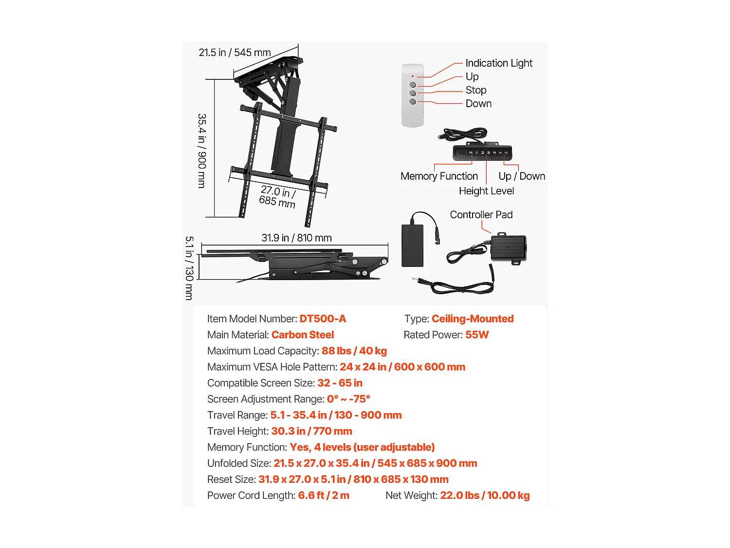 Support TV Murale SucceBuy Plafond Motorisé TV Mount-Flip Électrique vers le Bas pour 81-165 cm l'Écran