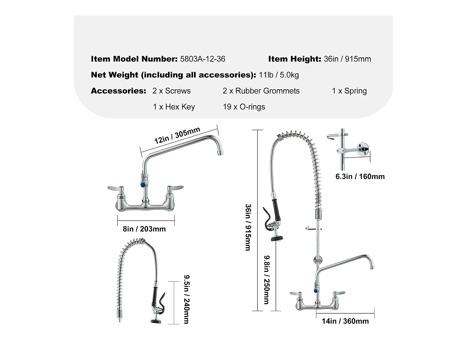 Keukenkraan, SucceBuy Commerciële Wandgemonteerde Keukenkraan - Met Voorspoelsproeier, 91 cm