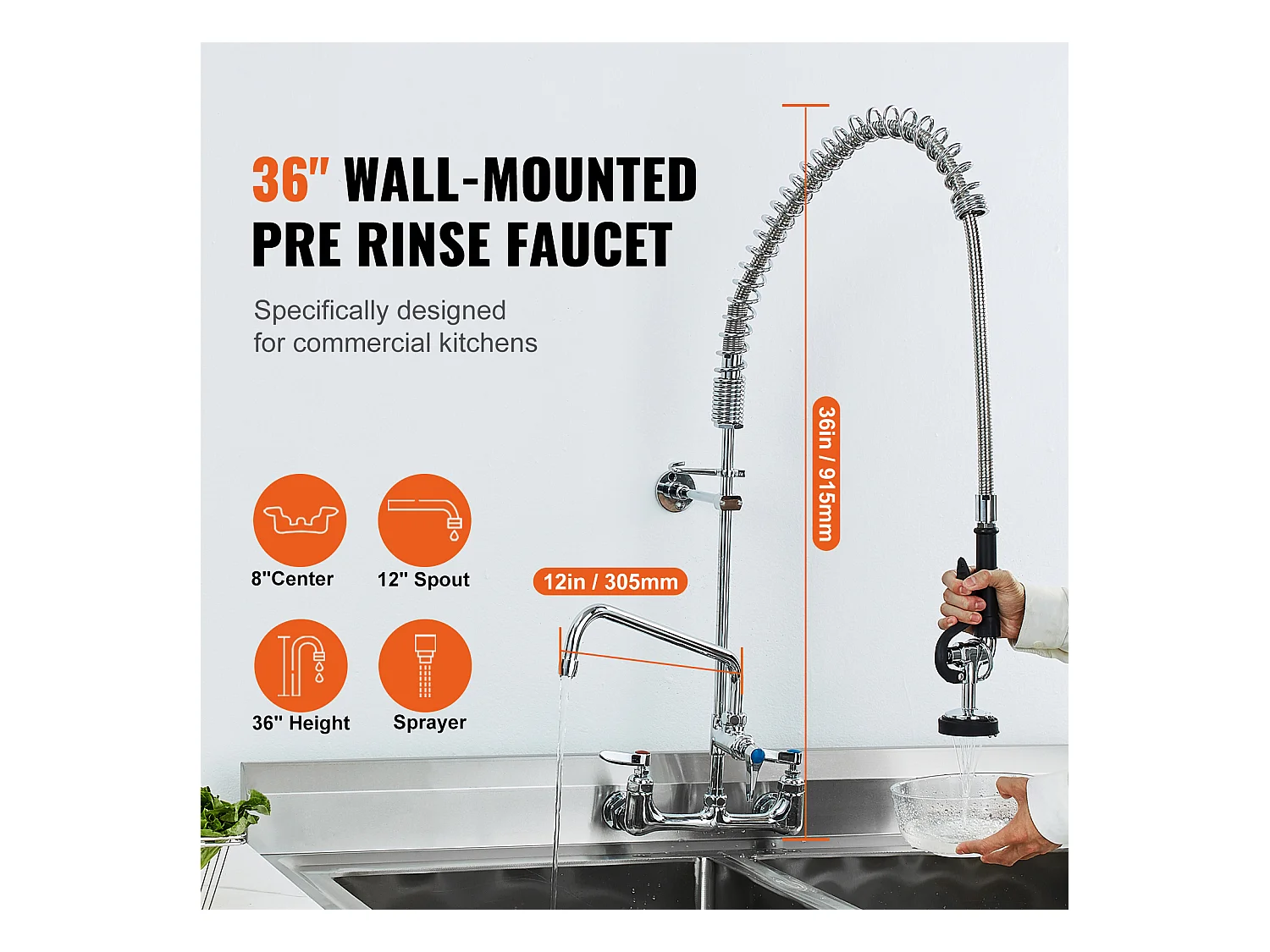 Keukenkraan, SucceBuy Commerciële Wandgemonteerde Keukenkraan - Met Voorspoelsproeier, 91 cm