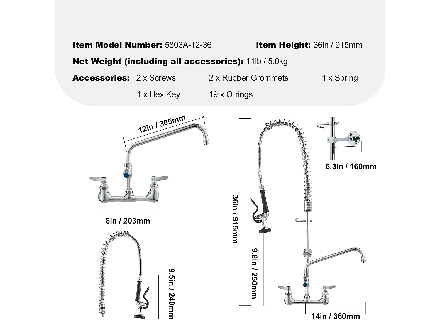 Robinet de Cuisine, SucceBuy Robinet d'Évier de Cuisine Murale Commercial - Avec Pulvérisateur de Pré-Rinçage, 91 cm