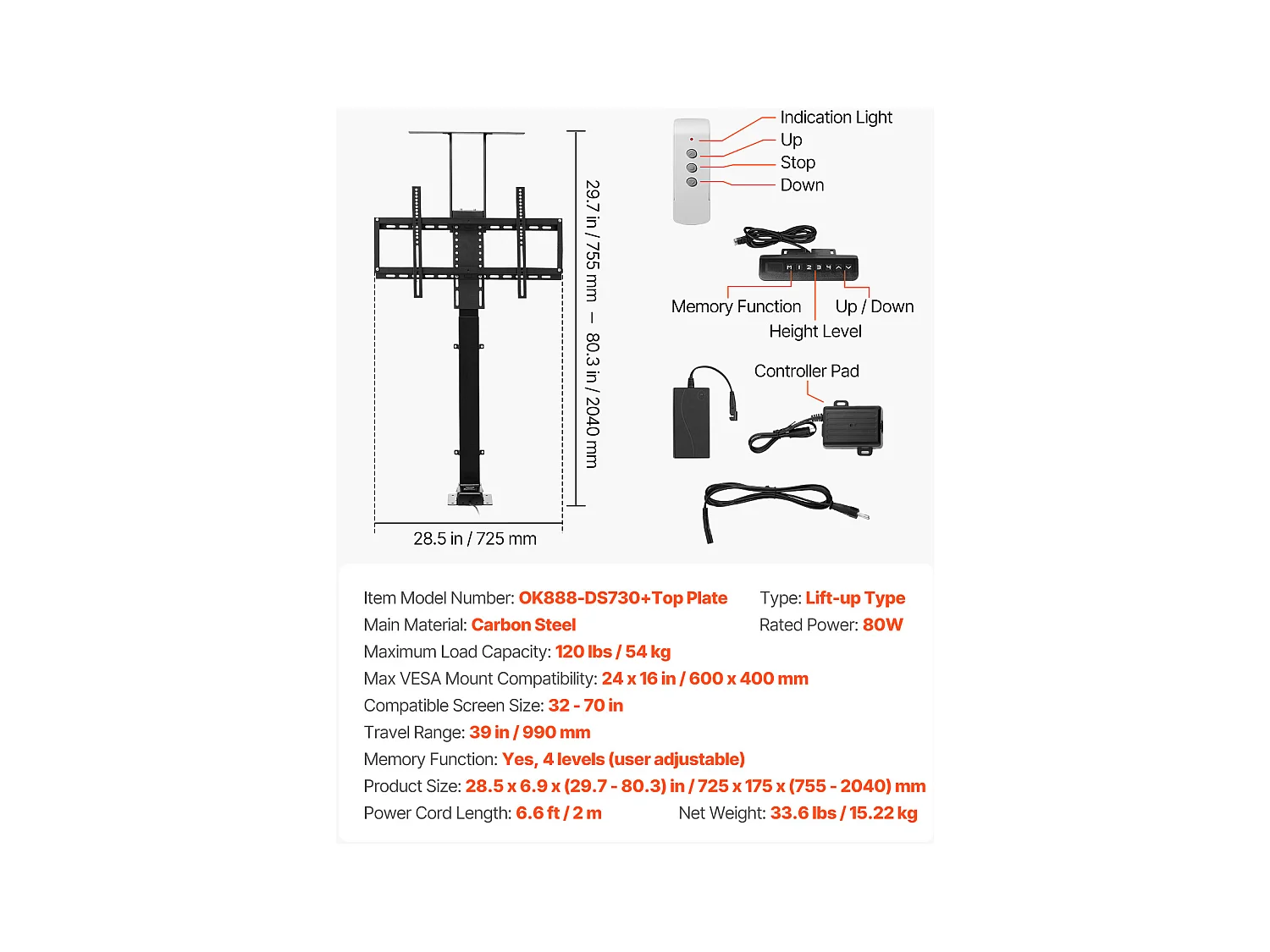 Support TV Murale SucceBuy Support TV Motorisé avec Télécommande pour Écrans de 81 à 178 cm, Support Motorisé avec VESA max. 61 x 41 cm