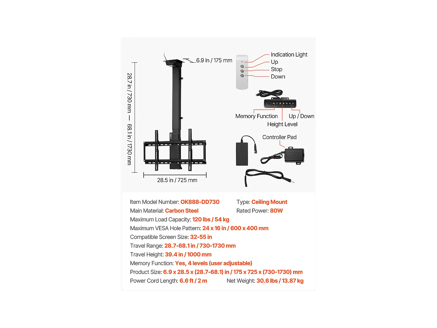 Support TV Murale SucceBuy Support de Plafond Motorisé pour Téléviseur - Écran de 81 à 140 cm - Support de Plafond Réglable Électriquement