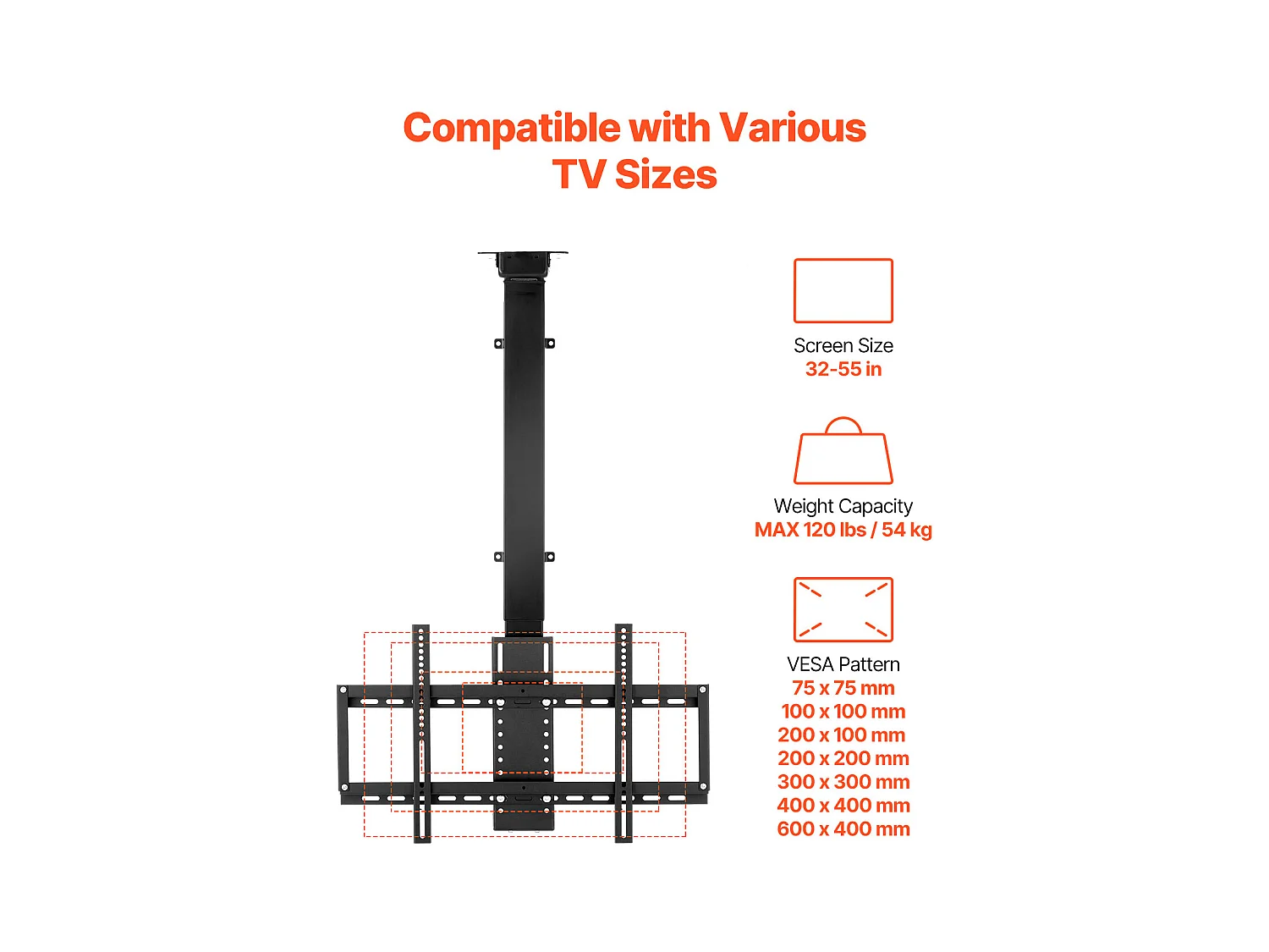 Support TV Murale SucceBuy Support de Plafond Motorisé pour Téléviseur - Écran de 81 à 140 cm - Support de Plafond Réglable Électriquement