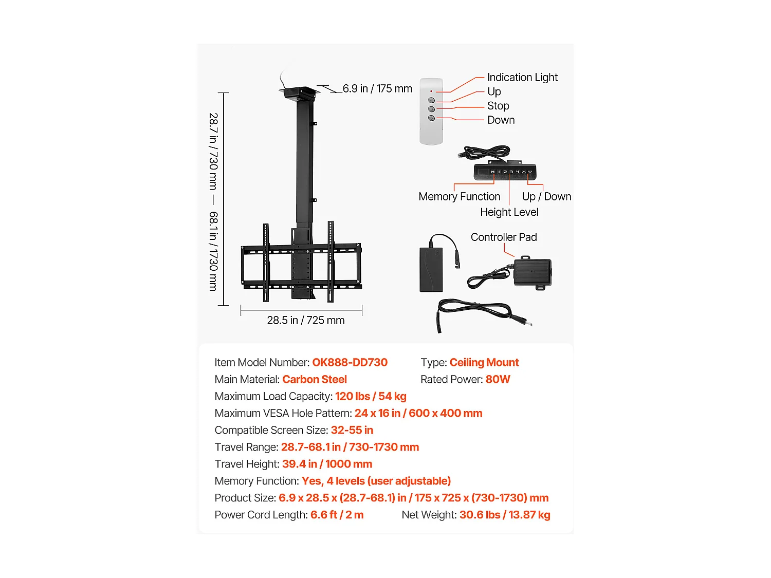 Suporte de Parede para TV SucceBuy Suporte de Teto Motorizado para TV - Ecrã de 81 a 140 cm - Suporte de Teto Ajustável Eletricamente