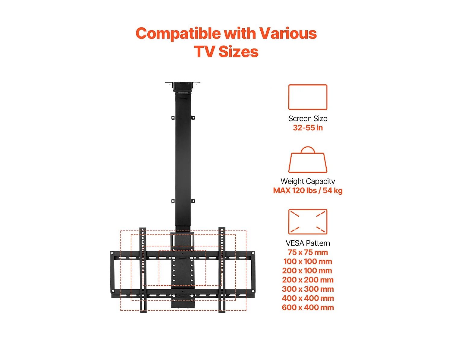 Suporte de Parede para TV SucceBuy Suporte de Teto Motorizado para TV - Ecrã de 81 a 140 cm - Suporte de Teto Ajustável Eletricamente
