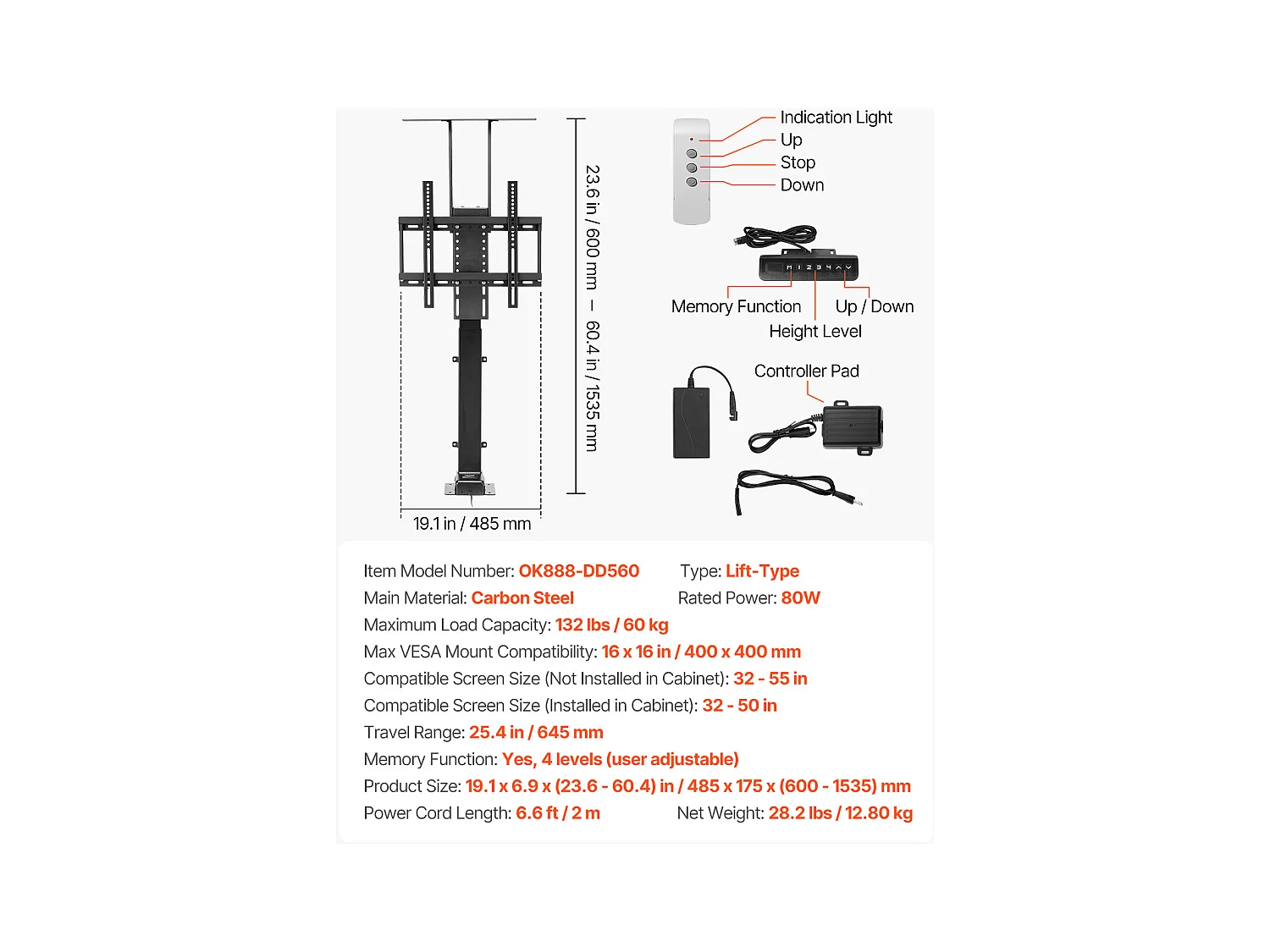 Support TV Murale SucceBuy Support TV Motorisé avec Télécommande, Support TV Électrique Réglable pour Téléviseurs, Capacité de 60 kg