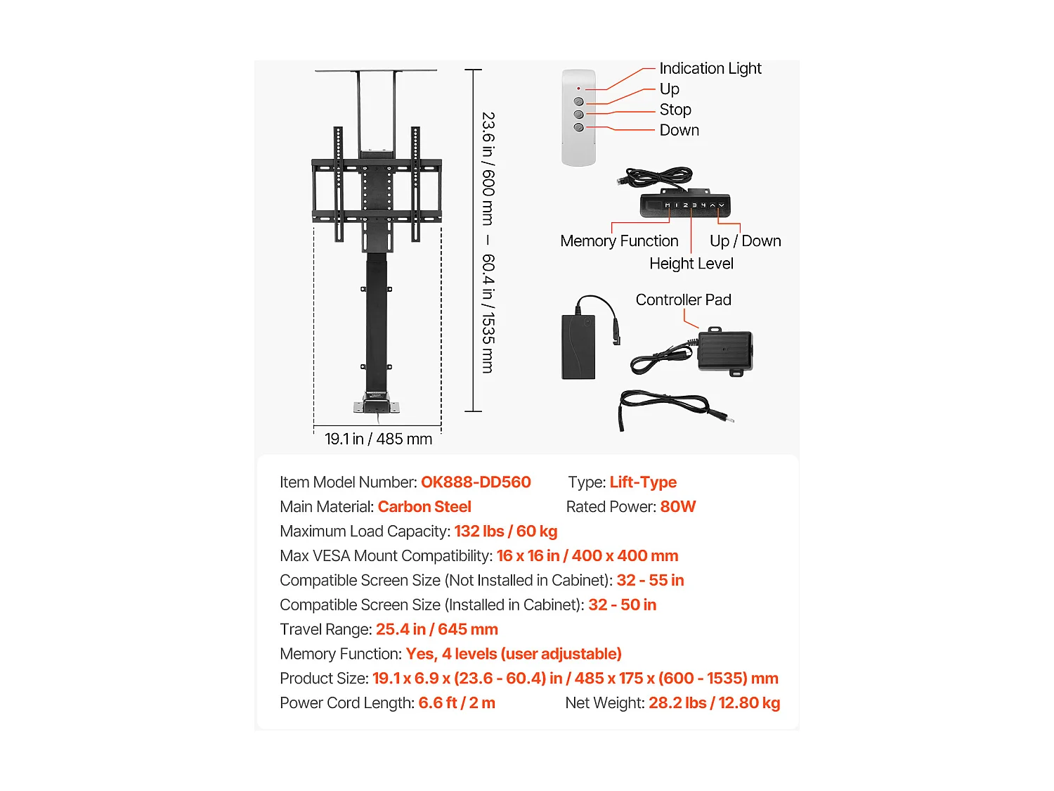 Suporte de Parede para TV SucceBuy Suporte de TV Motorizado com Comando, Suporte de TV Elétrico Ajustável para Televisores de 81 a 140 cm (Exceto Caixa)