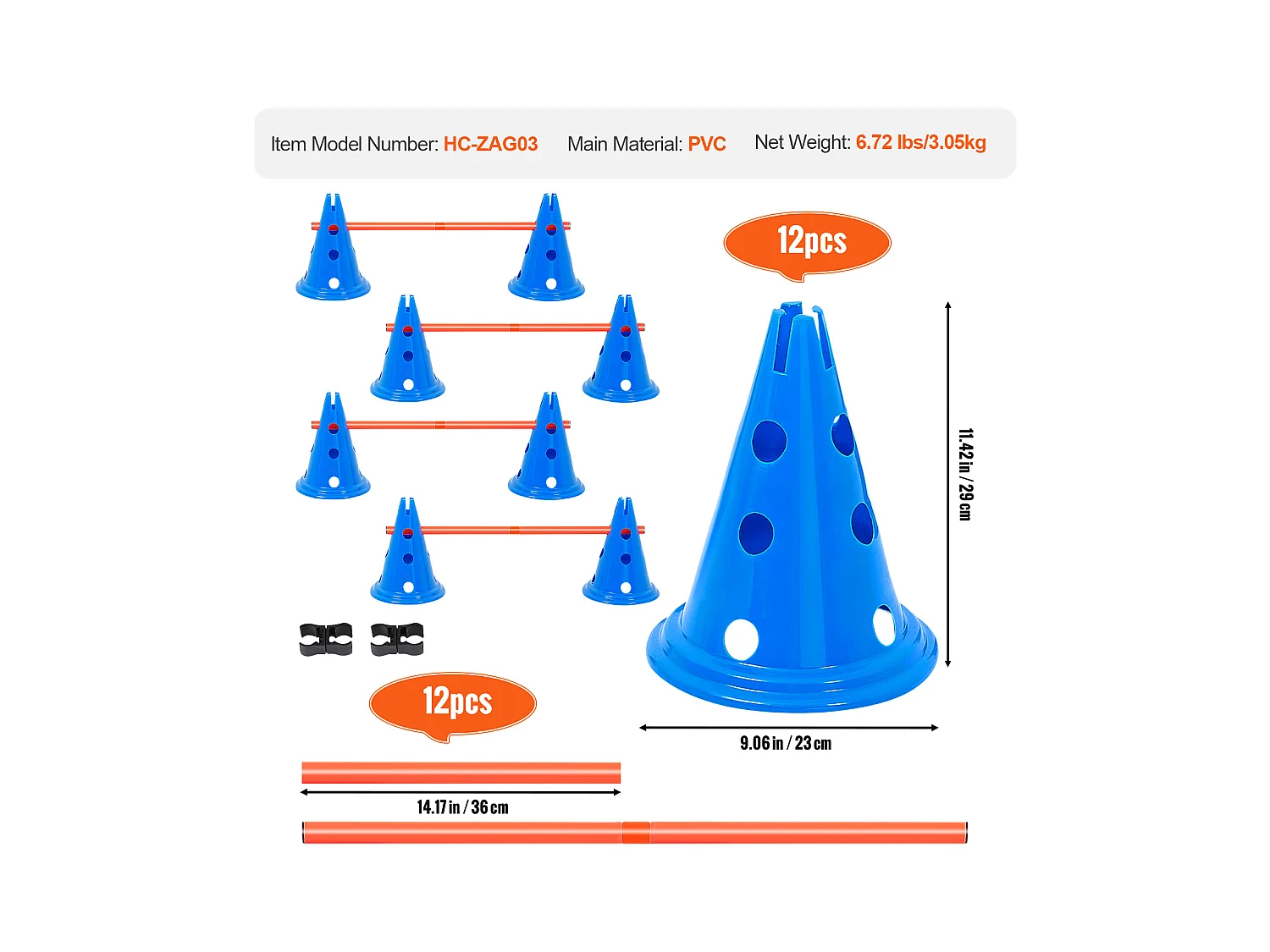 Kit d’Agilité, SucceBuy Dog Agility Cones Lot de 6 : 12 Cônes, 6 Bâtons d’Agilité avec Sac