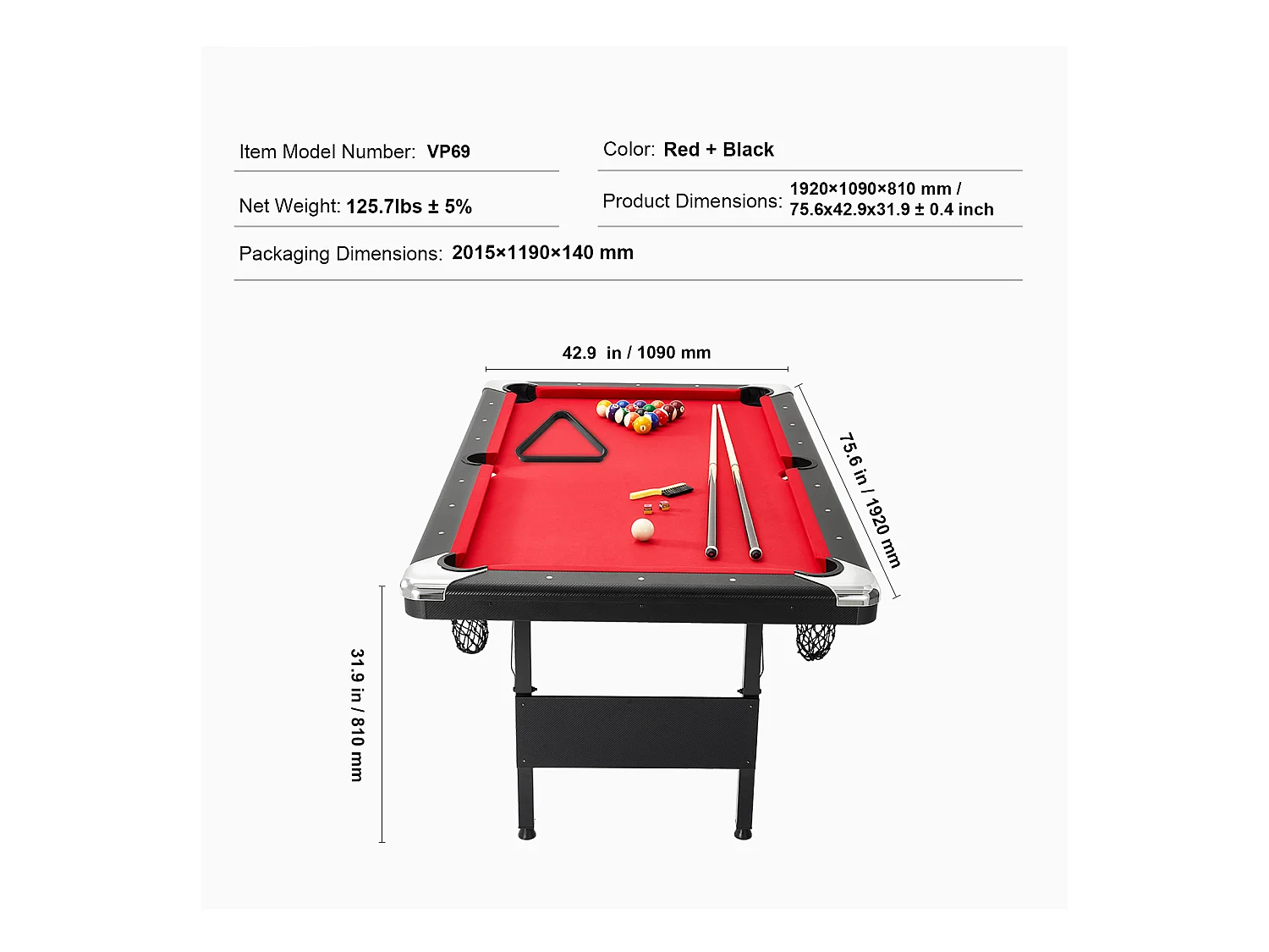 Table de Billard de 192 cm, Table Transformable - Table de Billard Portable avec Tissu Rouge pour Salle de Jeux