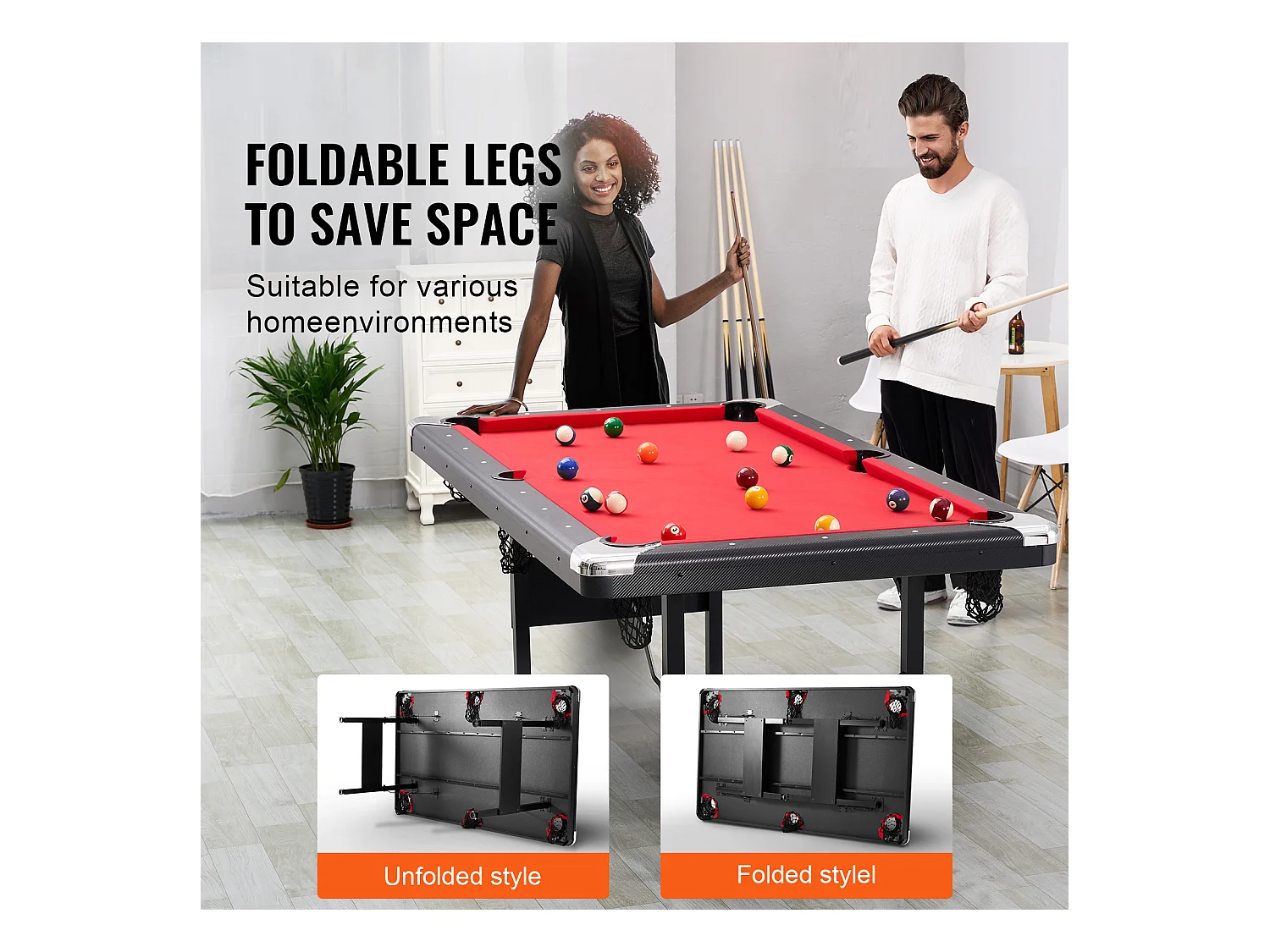 Table de Billard de 192 cm, Table Transformable - Table de Billard Portable avec Tissu Rouge pour Salle de Jeux