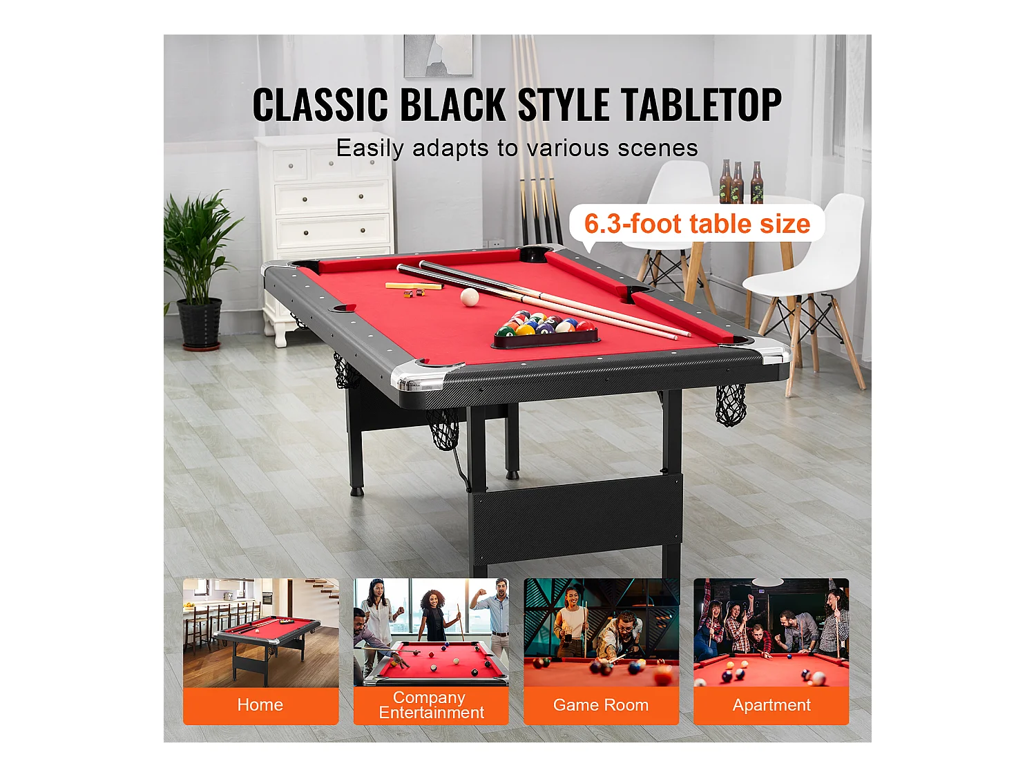 Table de Billard de 192 cm, Table Transformable - Table de Billard Portable avec Tissu Rouge pour Salle de Jeux