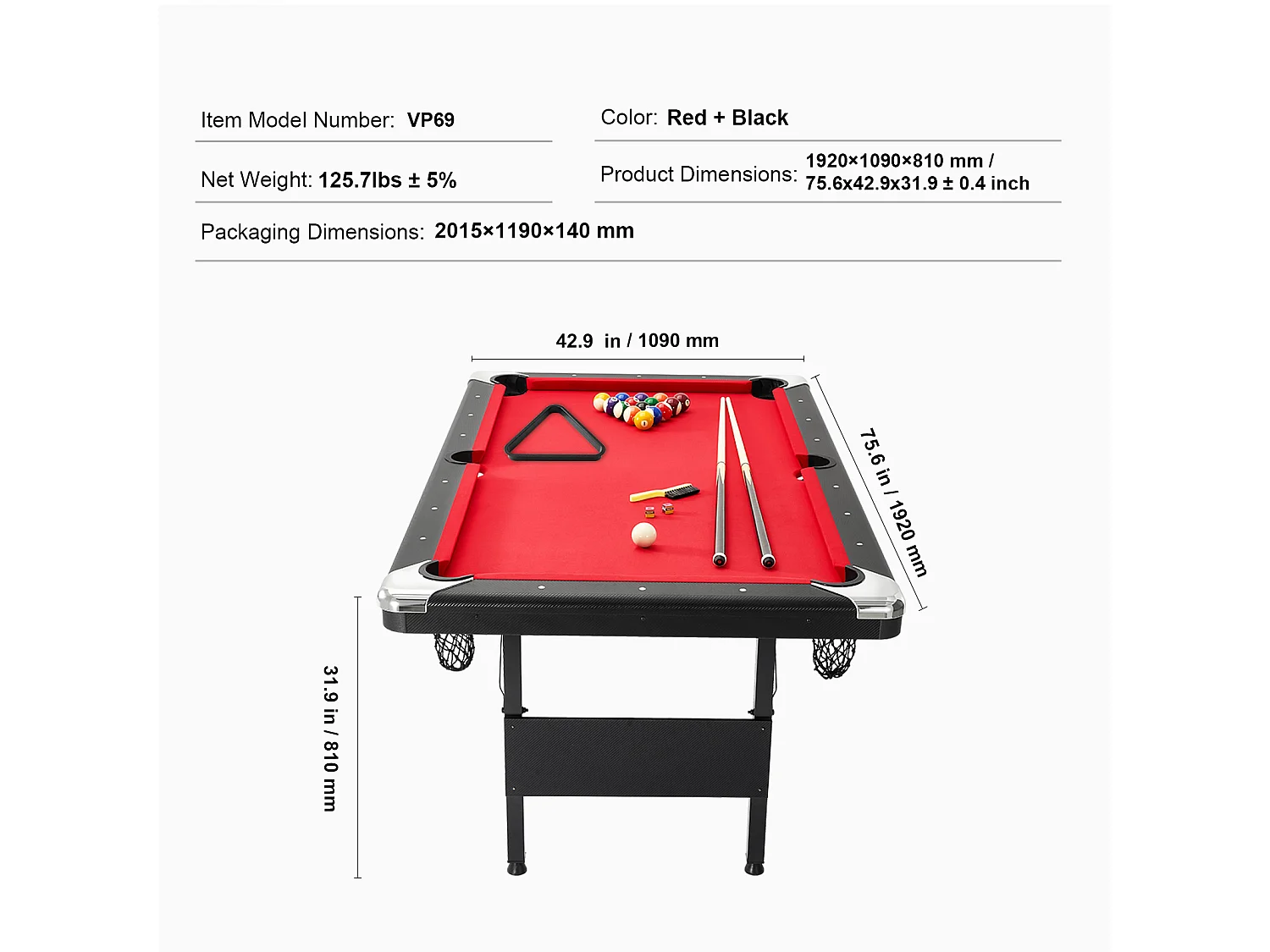 Table de Billard de 192 cm, Table Transformable - Table de Billard Portable avec Tissu Rouge pour Salle de Jeux