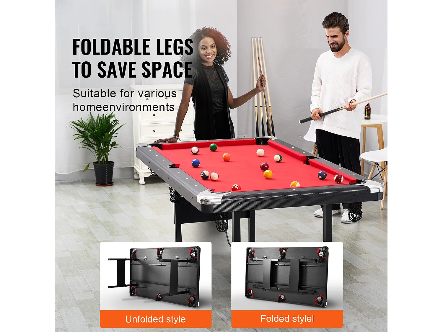 Table de Billard de 192 cm, Table Transformable - Table de Billard Portable avec Tissu Rouge pour Salle de Jeux