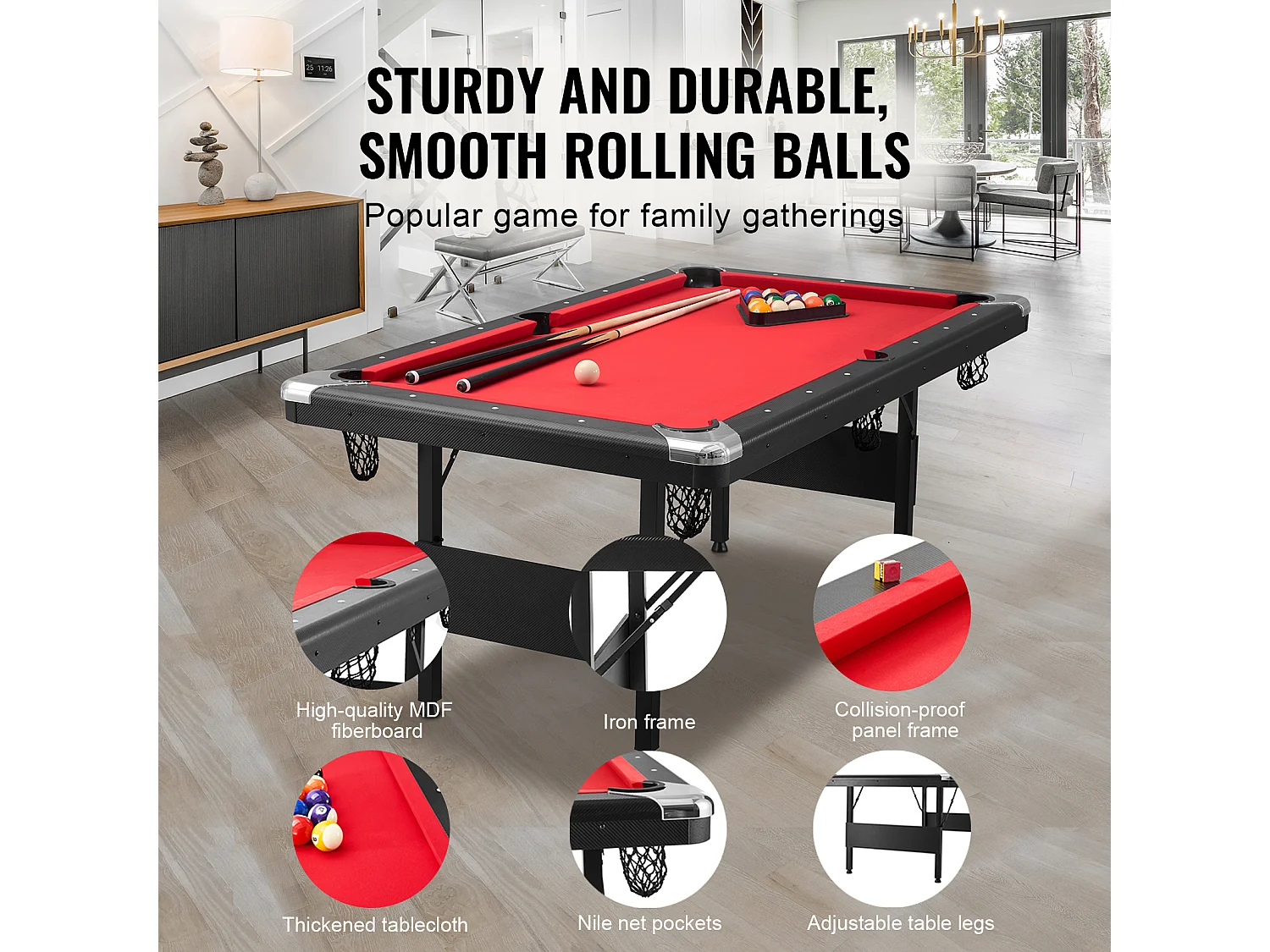 Table de Billard de 192 cm, Table Transformable - Table de Billard Portable avec Tissu Rouge pour Salle de Jeux