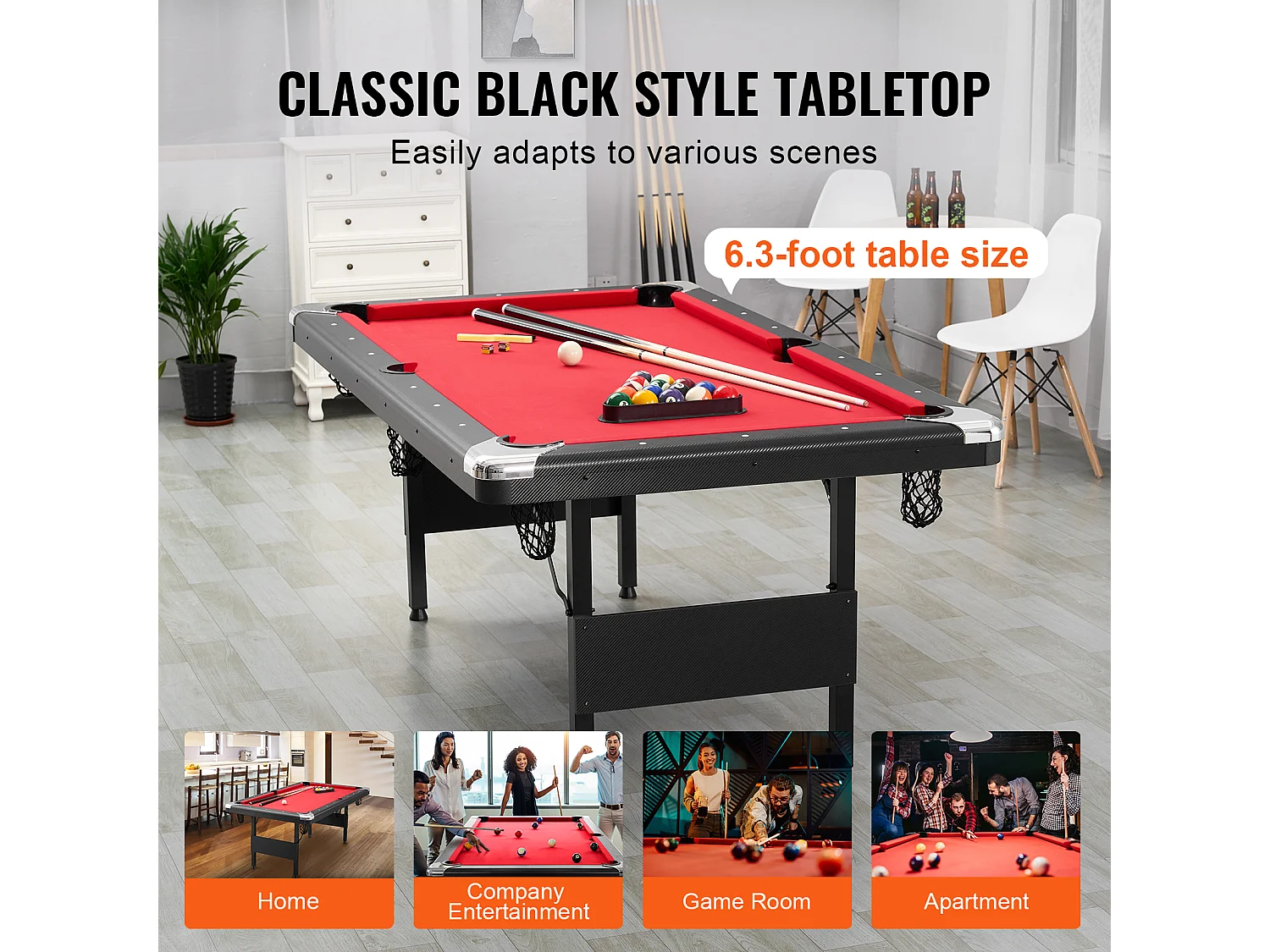 Table de Billard de 192 cm, Table Transformable - Table de Billard Portable avec Tissu Rouge pour Salle de Jeux